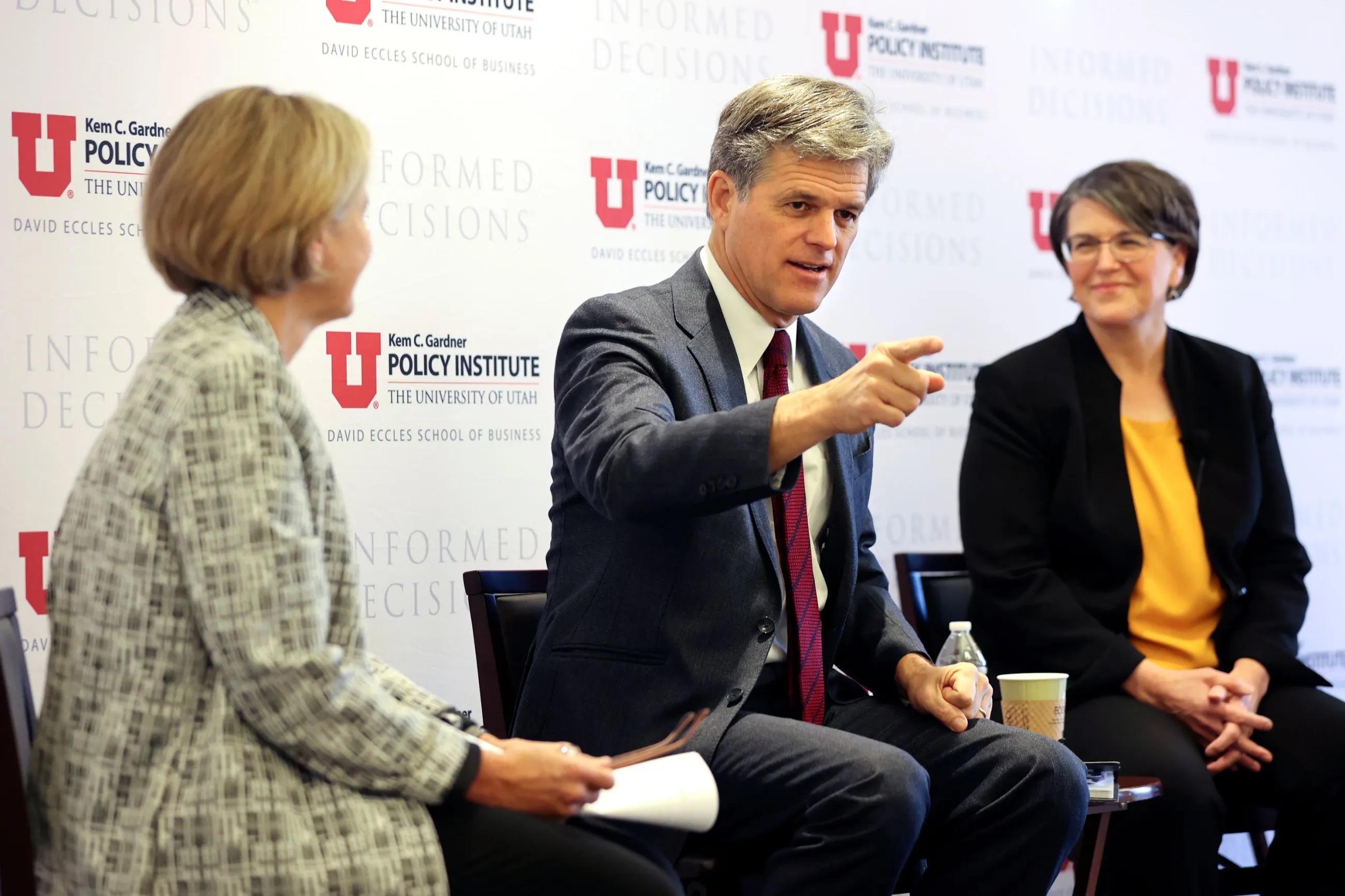 Timothy Shriver, UNITE founder and CEO, center, participates in a panel discussion about the Dignity Index in Salt Lake City on Thursday. Moderator Natalie Gochnour, Gardner Institute director, is on the left. Tami Pyfer, UNITE chief of staff and Dignity Index Utah project lead, is on the right.