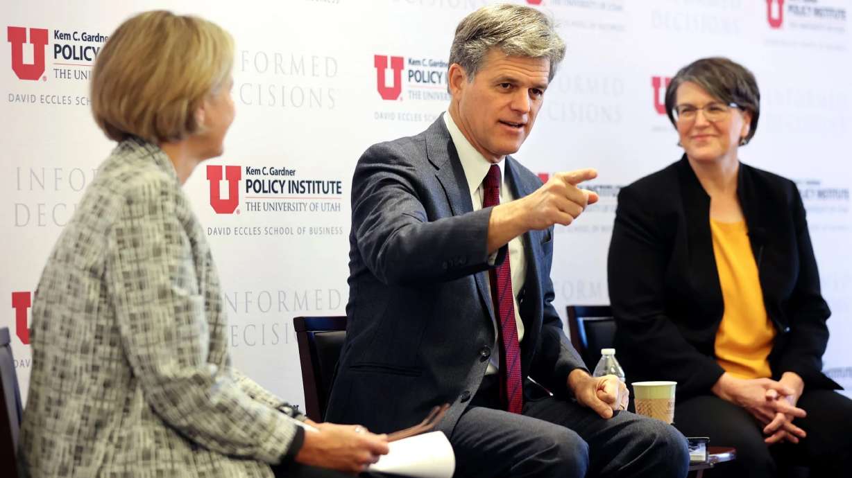 Timothy Shriver, UNITE founder and CEO, center, participates in a panel discussion about the Dignity Index in Salt Lake City on Thursday. Moderator Natalie Gochnour, Gardner Institute director, is on the left. Tami Pyfer, UNITE chief of staff and Dignity Index Utah project lead, is on the right.