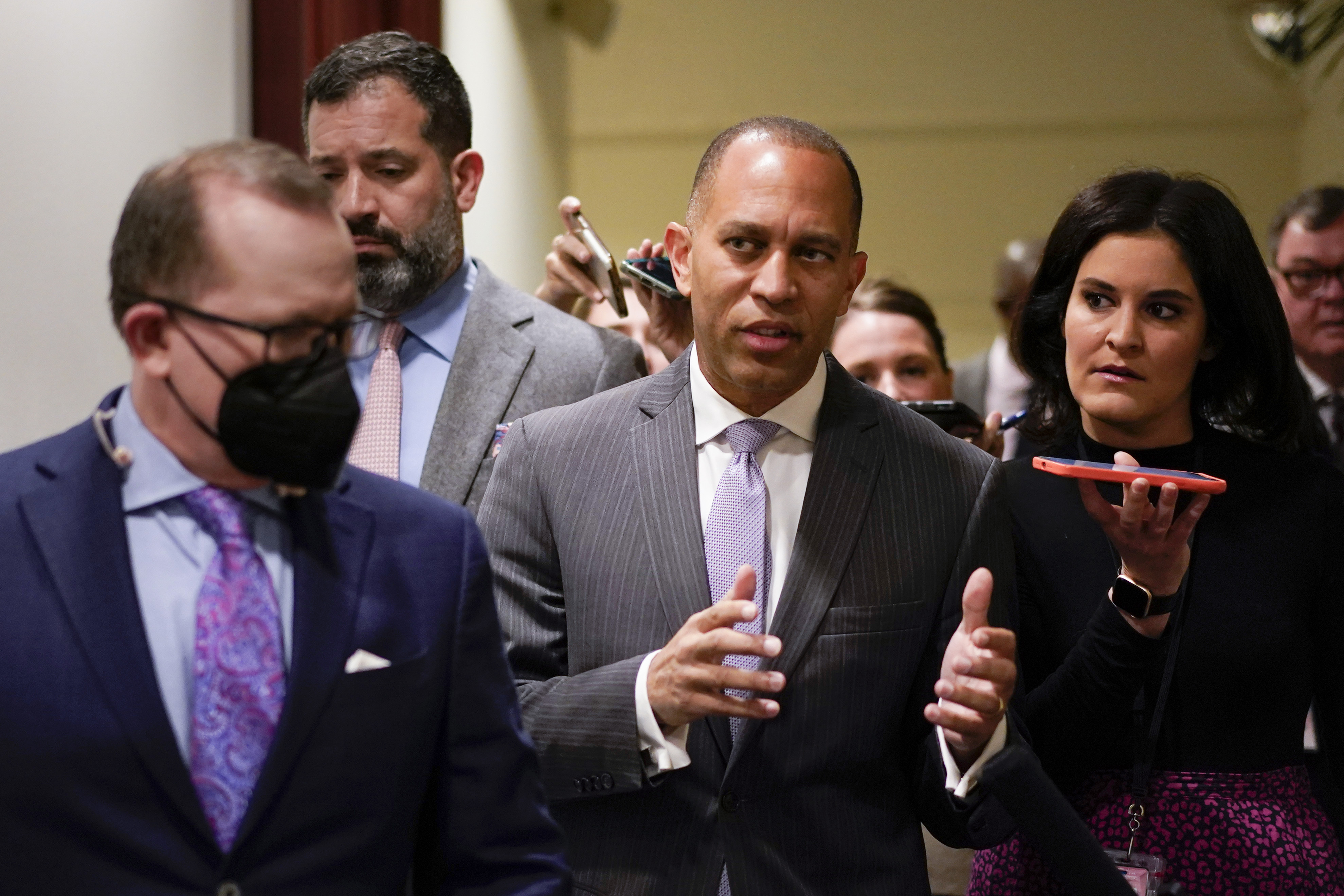 Rep. Hakeem Jeffries, D-N.Y., talks with reporters on Capitol Hill in Washington Thursday. The day after Speaker Nancy Pelosi announced she would step aside, Jeffries announced his own history-making bid Friday to become the first Black American to helm a major U.S. political party in Congress as leader of the House Democrats. 