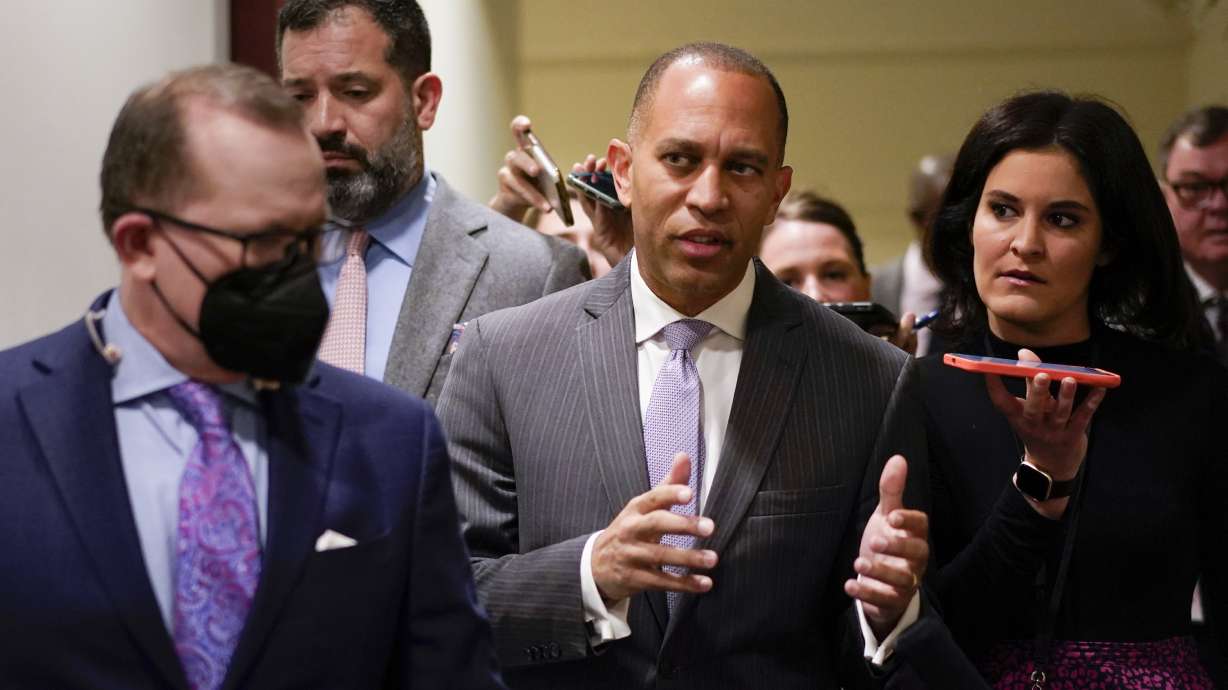 Rep. Hakeem Jeffries, D-N.Y., talks with reporters on Capitol Hill in Washington Thursday. The day after Speaker Nancy Pelosi announced she would step aside, Jeffries announced his own history-making bid Friday to become the first Black American to helm a major U.S. political party in Congress as leader of the House Democrats.