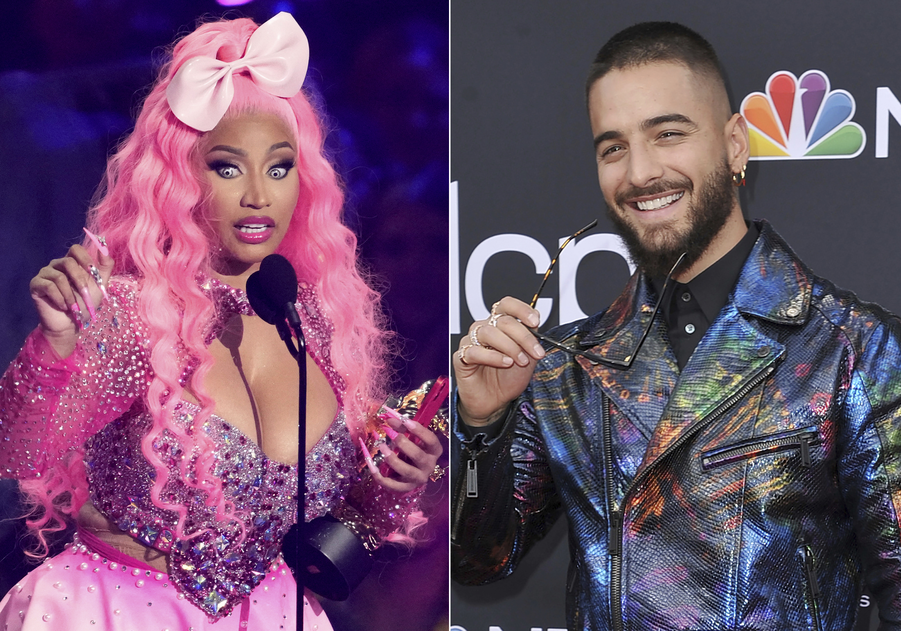 Nicki Minaj accepts the video vanguard award at the MTV Video Music Awards on Aug. 28, 2022, in Newark, N.J., left, and Maluma appears at the Billboard Music Awards in Las Vegas on May 1, 2019. Minaj has teamed up with Colombian singer-songwriter Maluma and Lebanese singer Myriam Fares for the latest addition to the official soundtrack of the World Cup in Qatar. The single “Tukoh Taka” has lyrics in English, Spanish and Arabic.