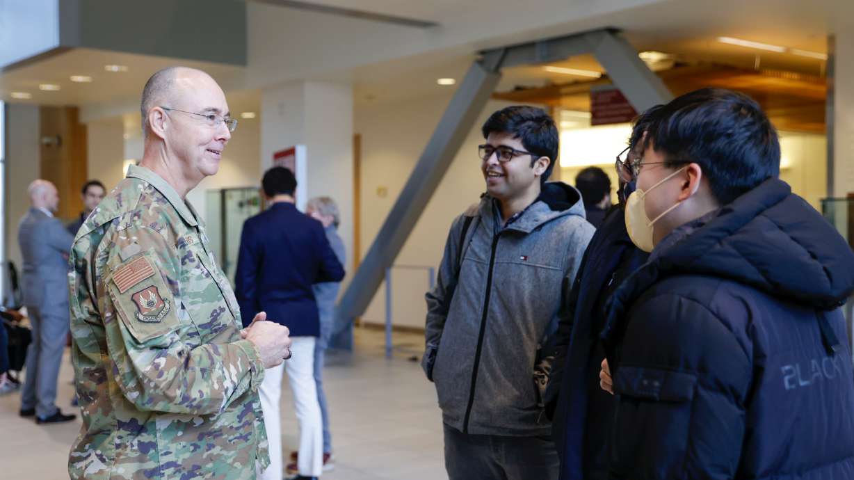 Brig General Richard W. Gibbs speaks with students before a ceremony at the University of Utah where the university and U.S. Air Force announced a historic education partnership in Salt Lake City on Friday.