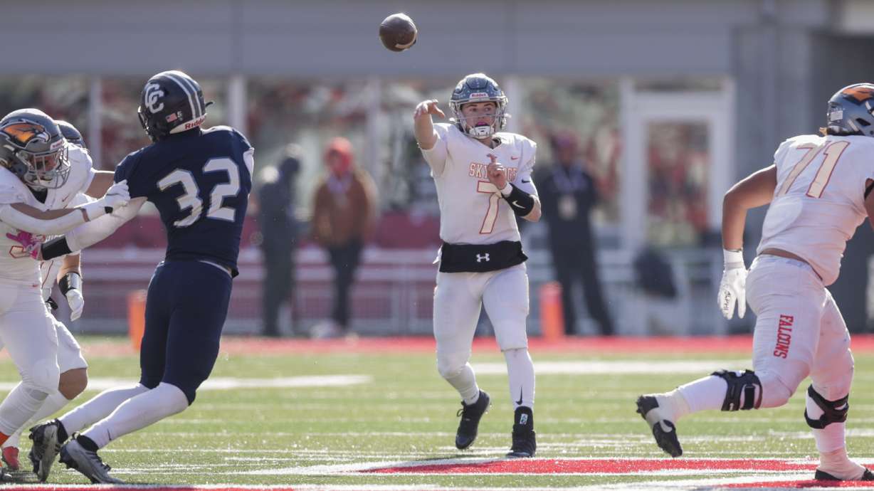 Skyridge Falcons QB McCae Hillstead (7) throws the ball while playing the Corner Canyon Chargers in the 6A football state championship game at Rice-Eccles Stadium in Salt Lake City on Friday, Nov. 18, 2022. The Falcons won 17-7.