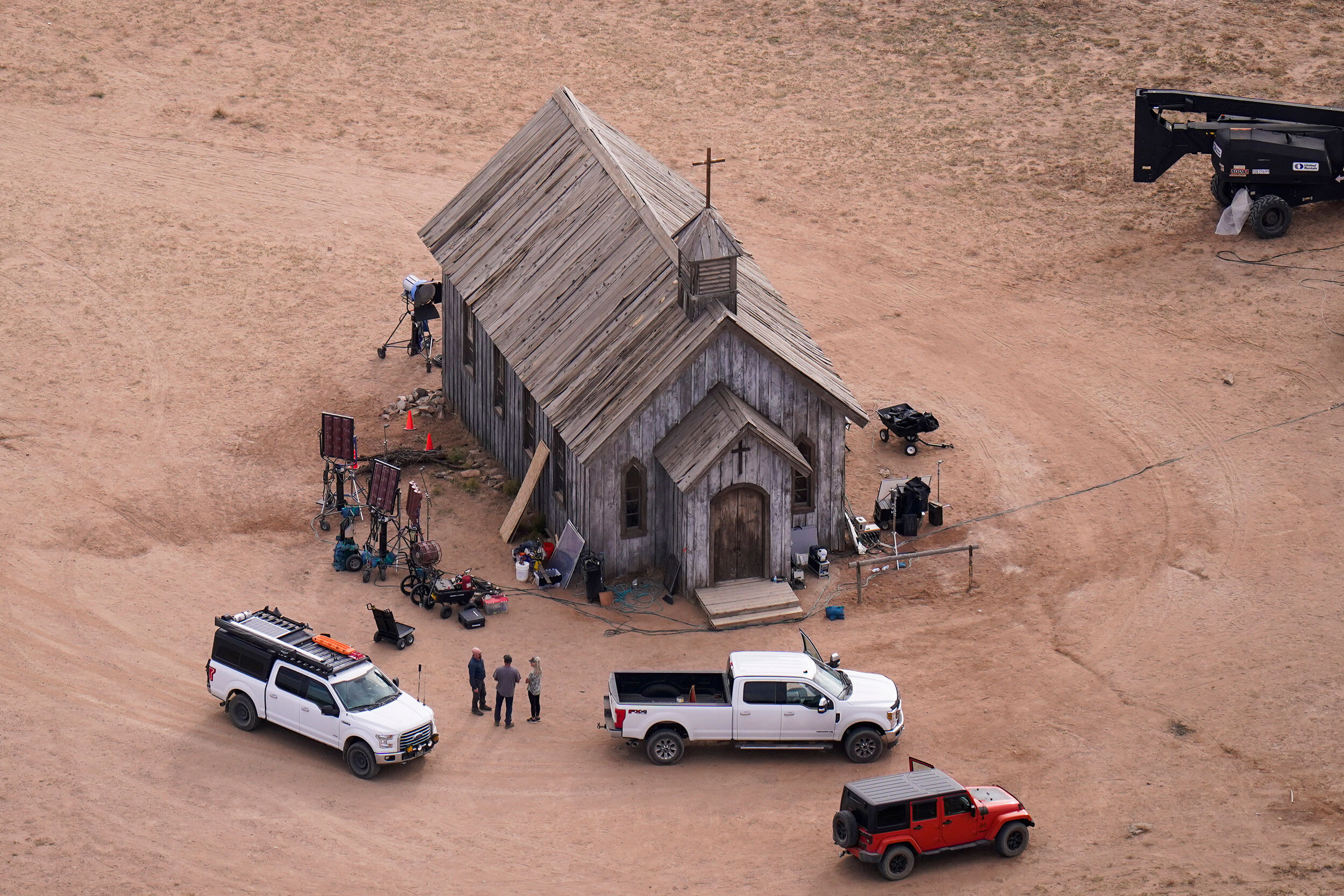 This aerial undated photo shows part of the Bonanza Creek Ranch film set in Santa Fe, New Mexico, where cinematographer Halyna Hutchins died from a gun fired by actor Alec Baldwin.