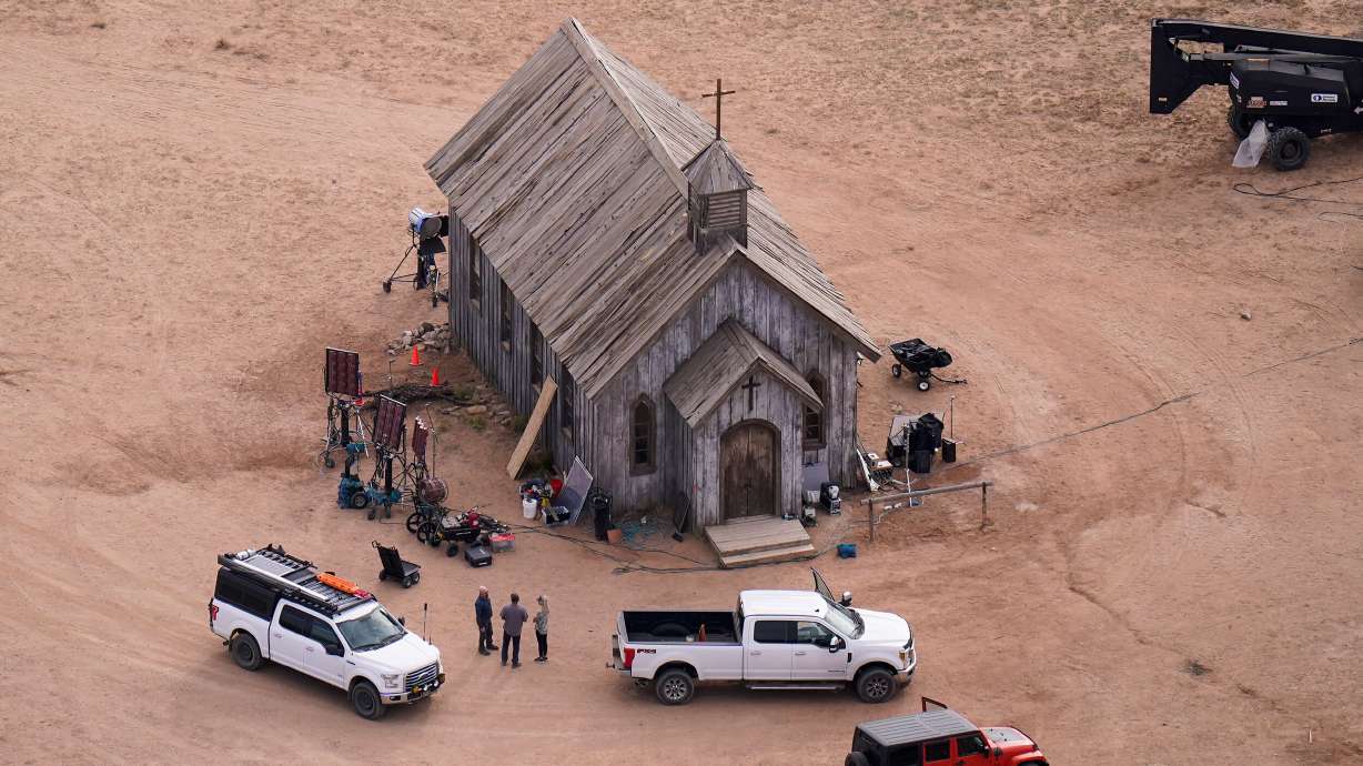 This aerial undated photo shows part of the Bonanza Creek Ranch film set in Santa Fe, New Mexico, where cinematographer Halyna Hutchins died from a gun fired by actor Alec Baldwin.