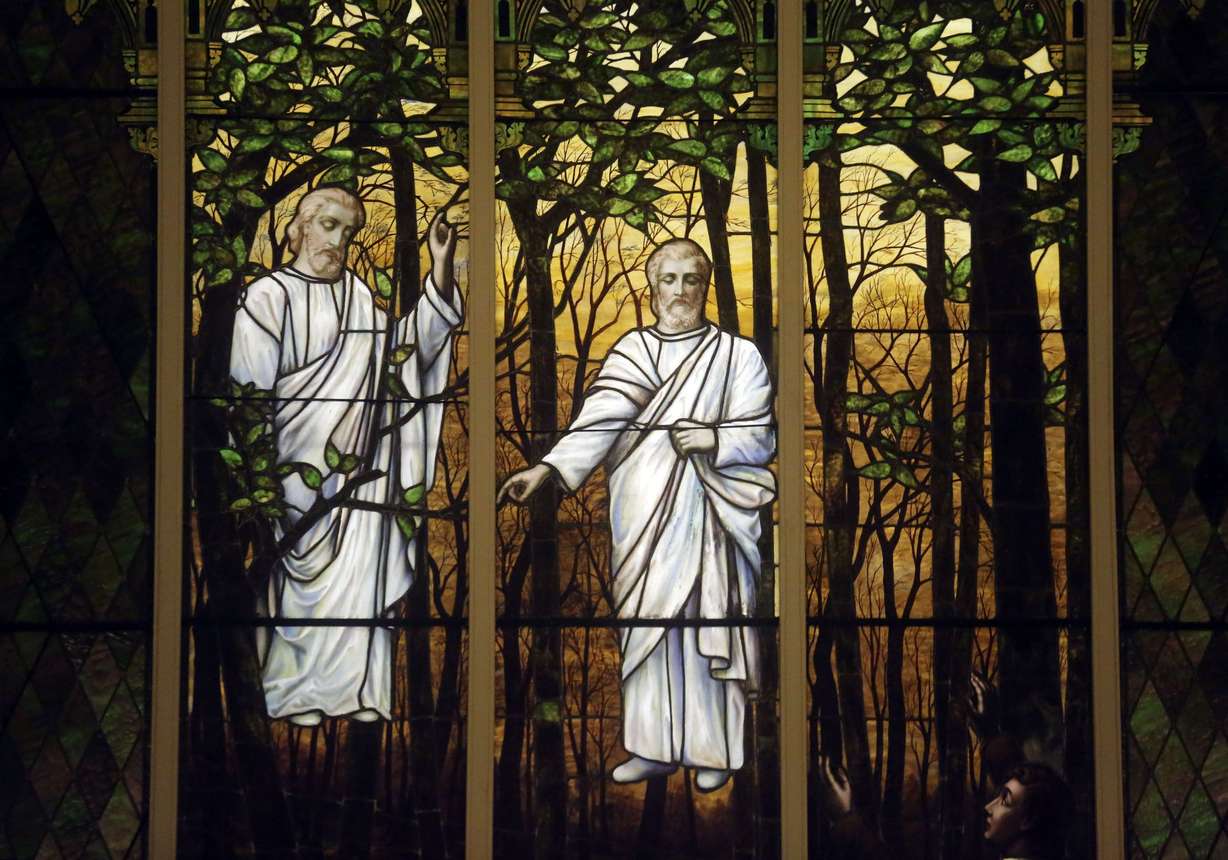 Light pours through a stained glass window in The Church of Jesus Christ of Latter-day Saints’ Salt Lake Stake Center in downtown Salt Lake City on Tuesday, May 19, 2020.
