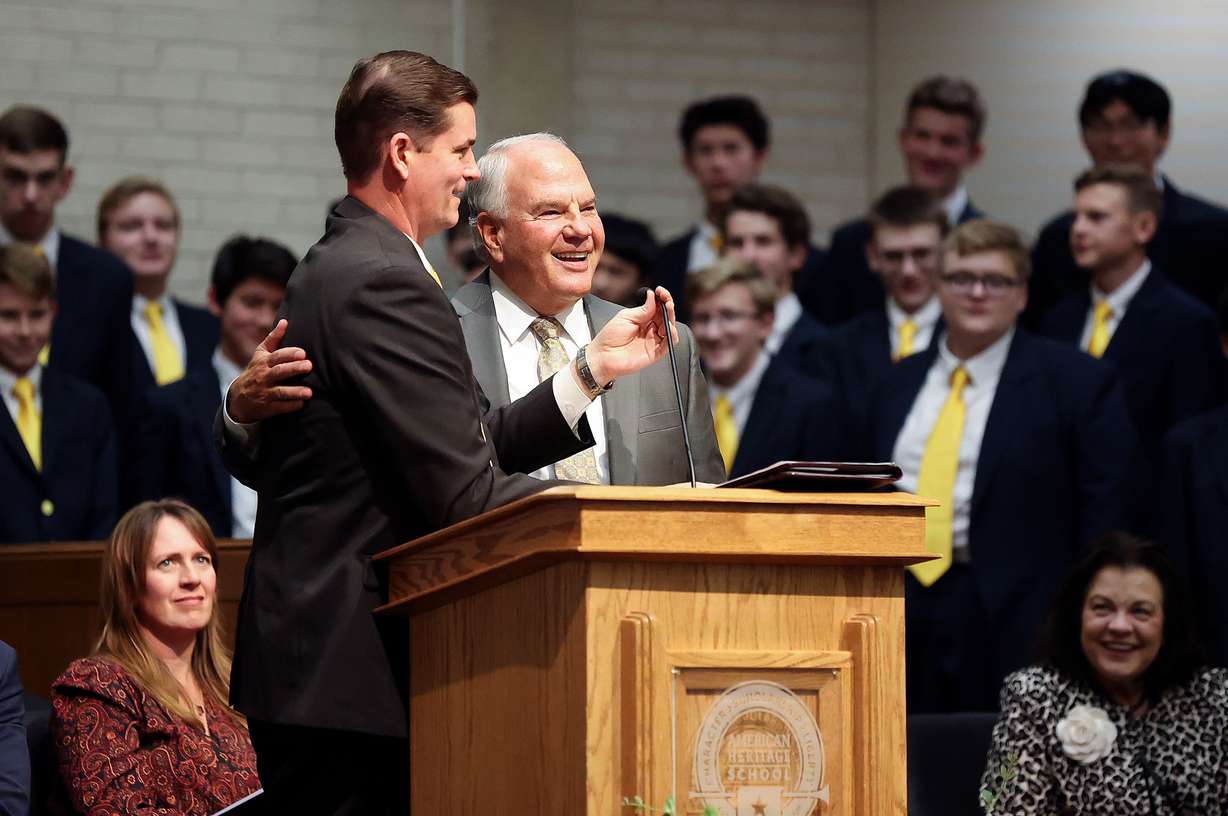 Grant Beckwith, American Heritage School head of school, and Elder Ronald A. Rasband, of the Quorum of the Twelve Apostles of The Church of Jesus Christ of Latter-day Saints, announce that Elder Rasband will greet all the youth after dedicating an American Heritage School campus in a former Latter-day Saint Meetinghouse, leased from the Church in Salt Lake City, on Friday.