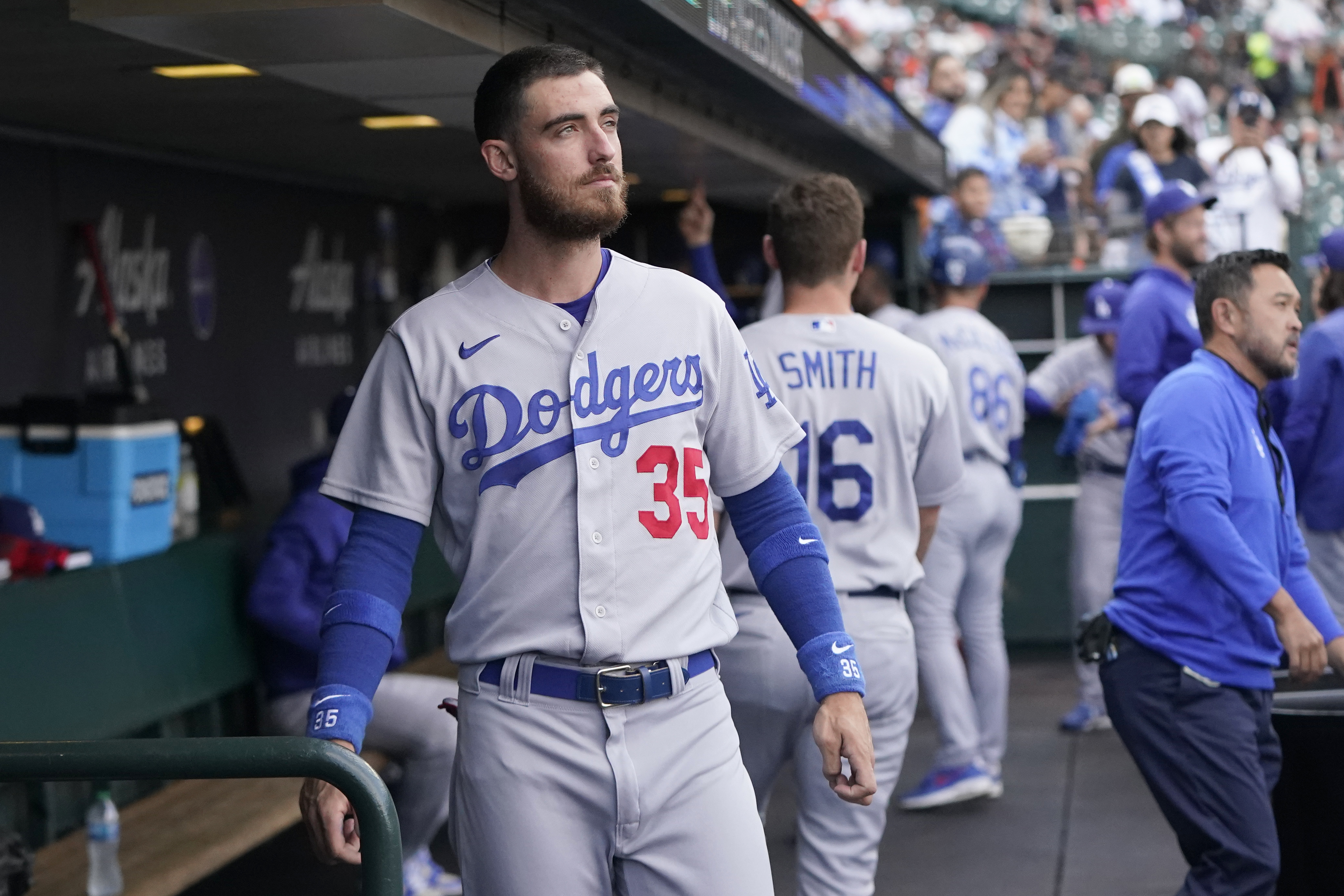 FILE - Los Angeles Dodgers' Cody Bellinger stands in the dugout before the team's baseball game against the San Francisco Giants in San Francisco, Aug. 2, 2022. The Dodgers didn't tender Bellinger a contract on Friday, Nov. 18, making the 2019 National League MVP a free agent. 