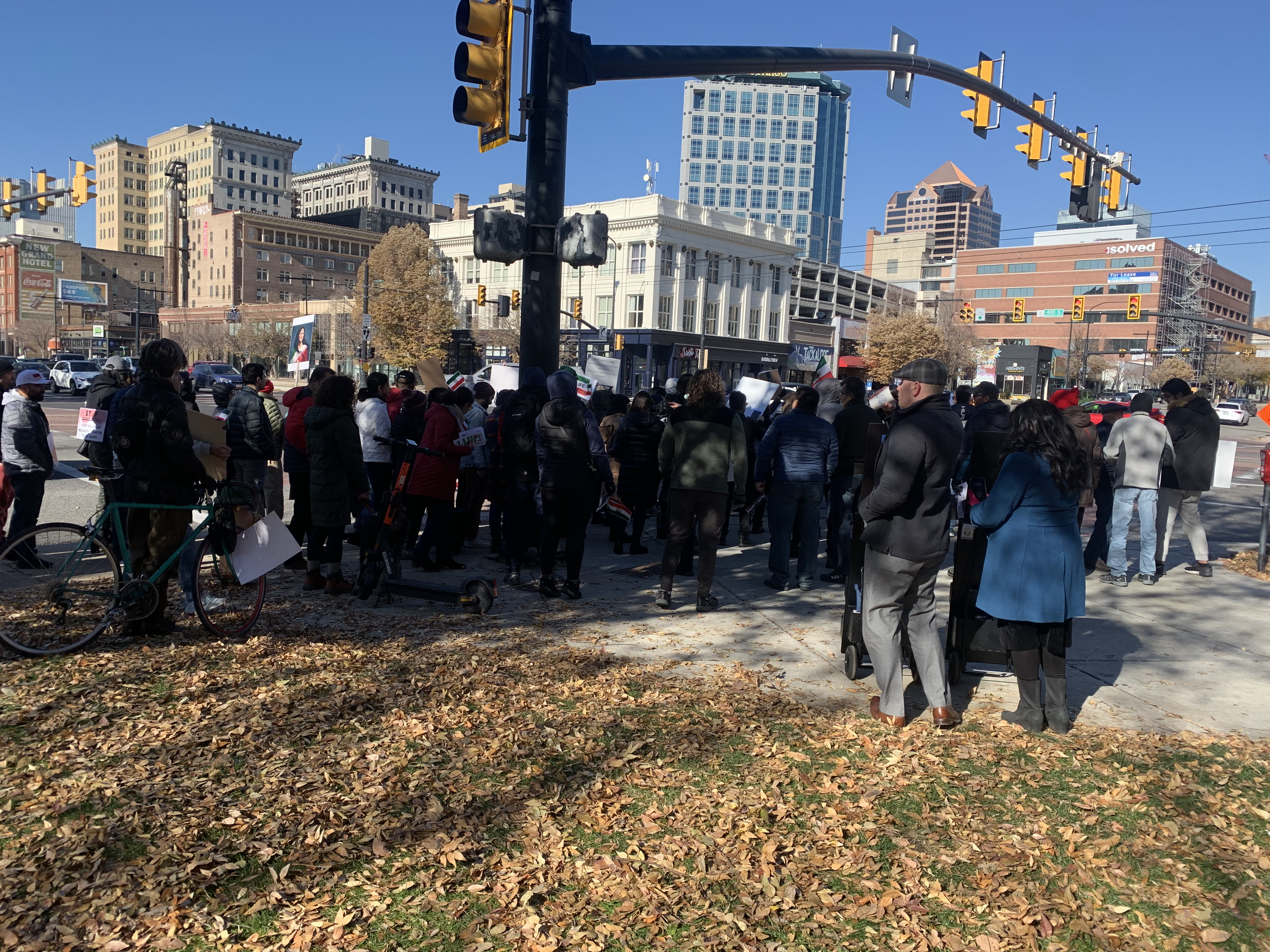 A group of close to 100 Iranians and others in Salt Lake City joined protests around the world in solidarity with protesters in Iran on Saturday.