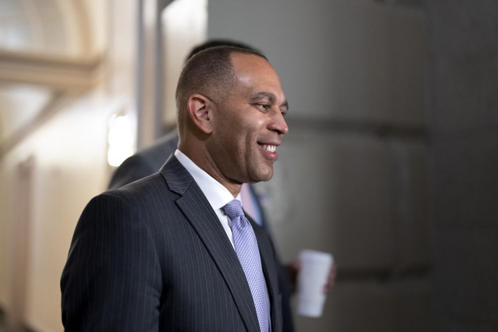 House Democratic Caucus Chair Hakeem Jeffries, D-N.Y., arrives to meet with his fellow Democrats, at the Capitol in Washington, Thursday. The day after Speaker Nancy Pelosi announced she would step aside, Jeffries announced his own history-making bid Friday to become the first Black American to helm a major U.S. political party in Congress as leader of the House Democrats.