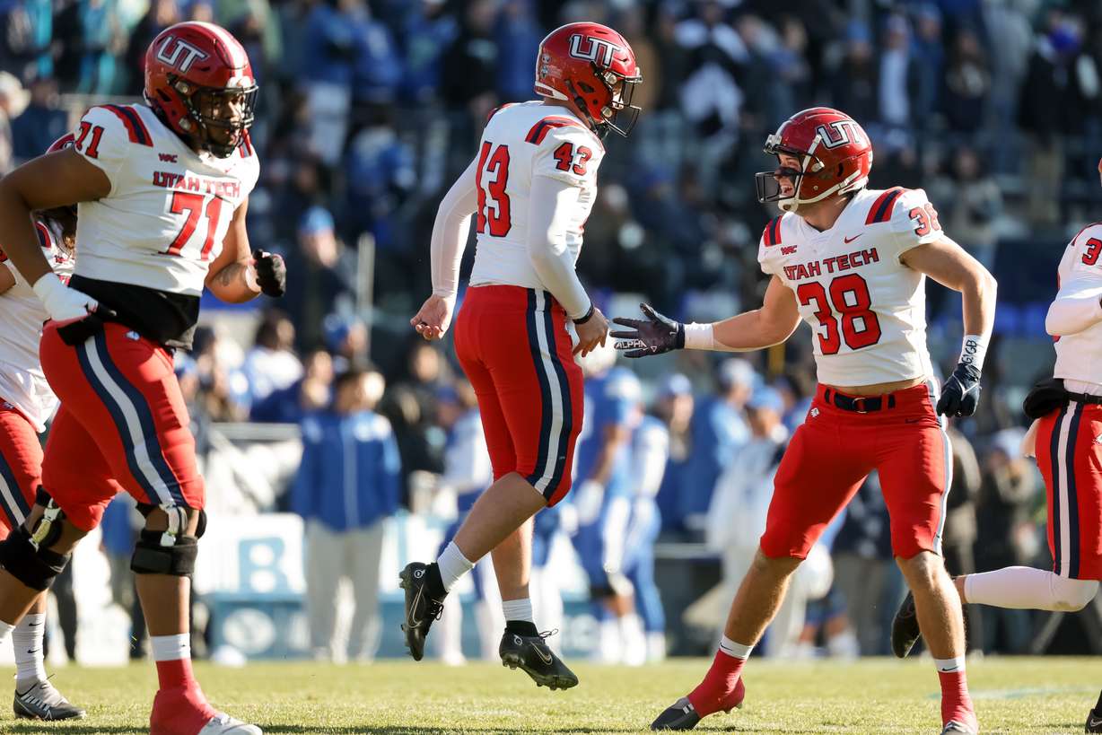 Utah Tech kicker Connor Brooksby (43) celebrates after kicking a 47-yard field goal, putting his team up 3-0 over BYU, during the game at LaVell Edwards Stadium in Provo on Saturday, Nov. 19, 2022.