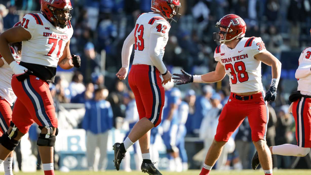 Utah Tech kicker Connor Brooksby (43) celebrates after kicking a 47-yard field goal, putting his team up 3-0 over BYU, during the game at LaVell Edwards Stadium in Provo on Saturday, Nov. 19, 2022.