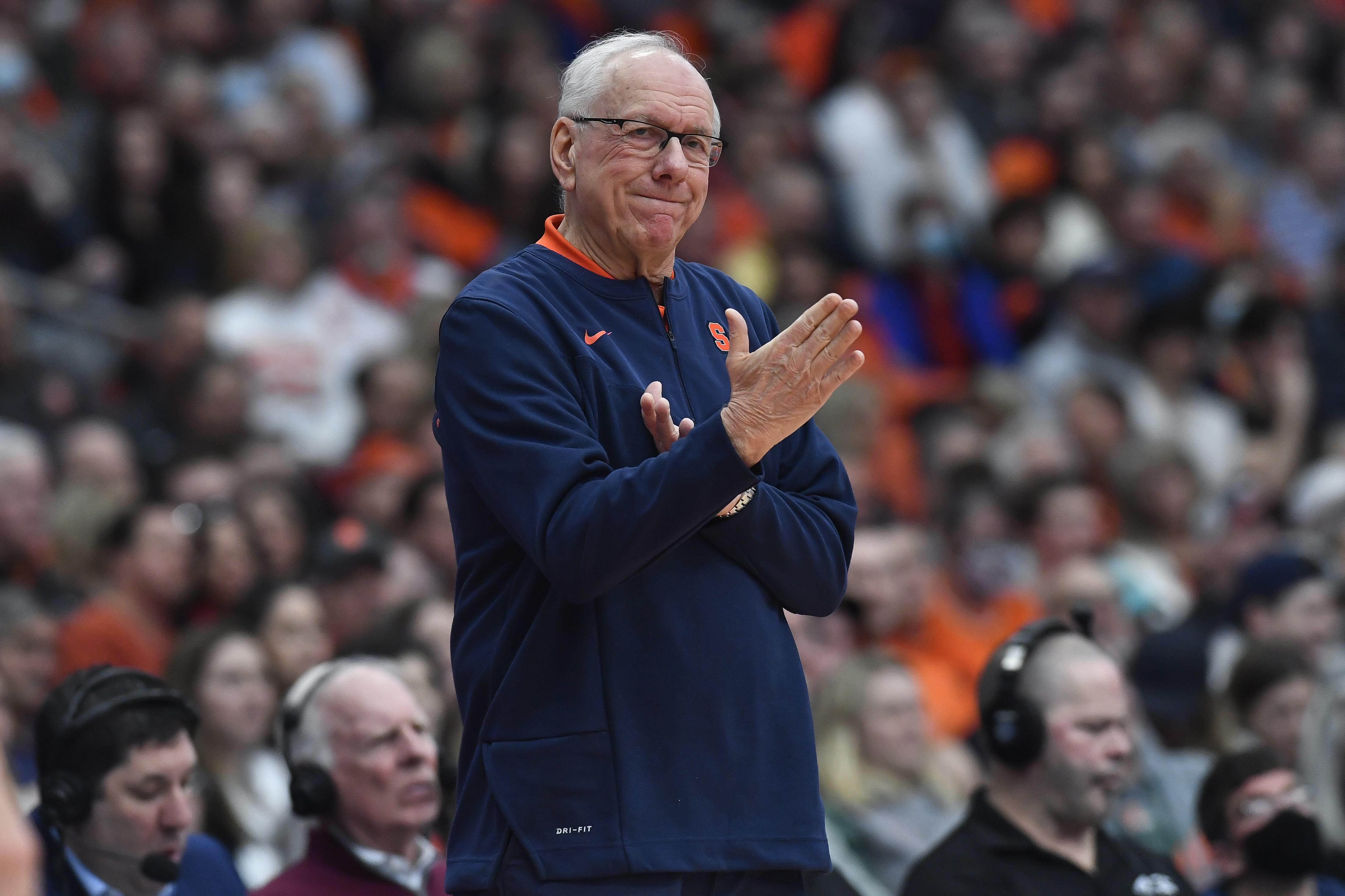 FILE - Syracuse head coach Jim Boeheim gestures during the second half of an NCAA college basketball game against Miami in Syracuse, N.Y., March 5, 2022. Joe Girard had 21 points and five 3-pointers, Jesse Edwards added 19 points and seven rebounds and Syracuse beat Northeastern 76-48 on Saturday, Nov. 19, 2022, for Boeheim's 1,000th career victory. 