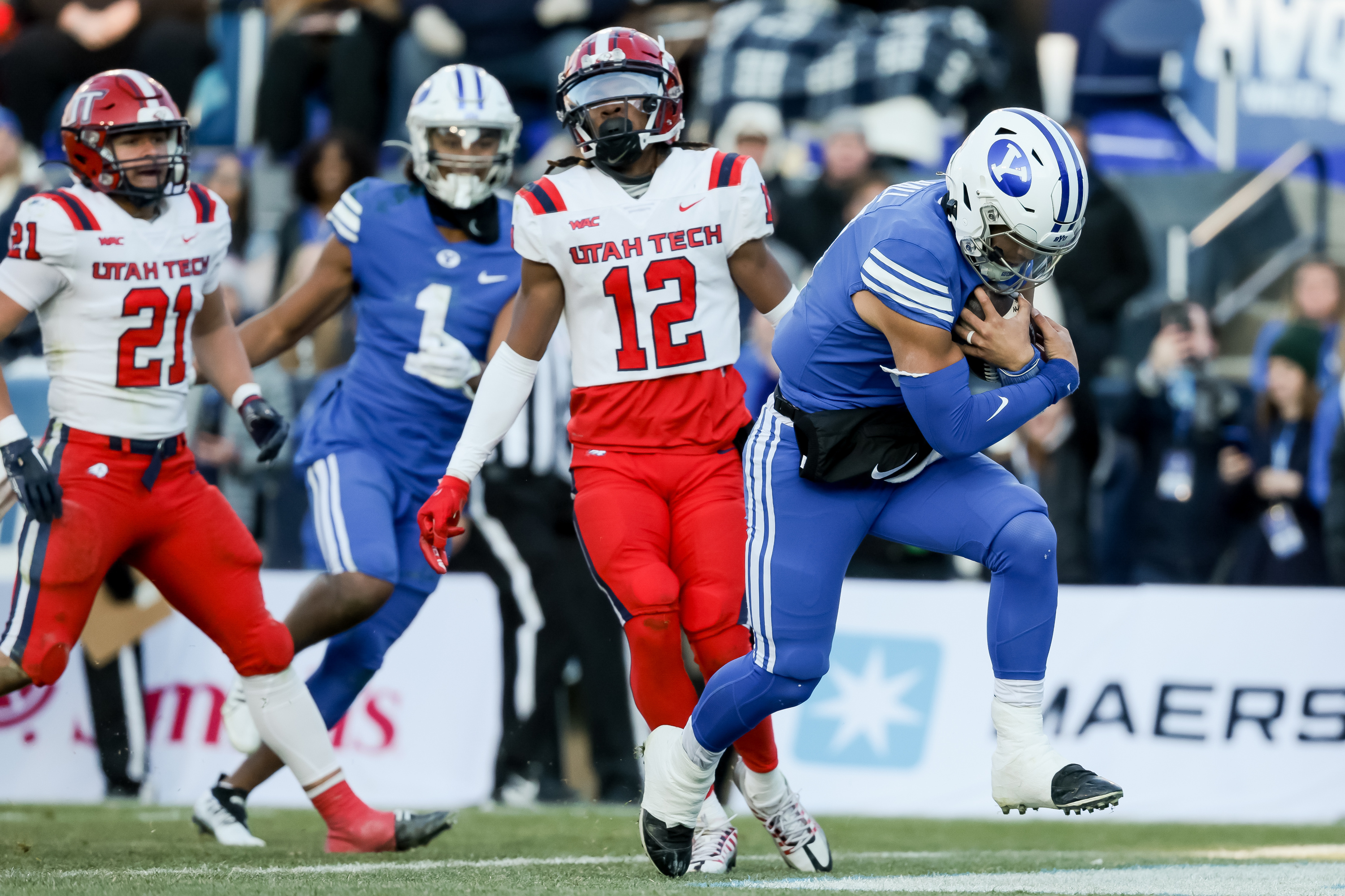 BYU quarterback Jaren Hall (3) scores a touchdown on a keeper during the game against the Utah Tech Trailblazers at LaVell Edwards Stadium in Provo on Saturday, Nov. 19, 2022.