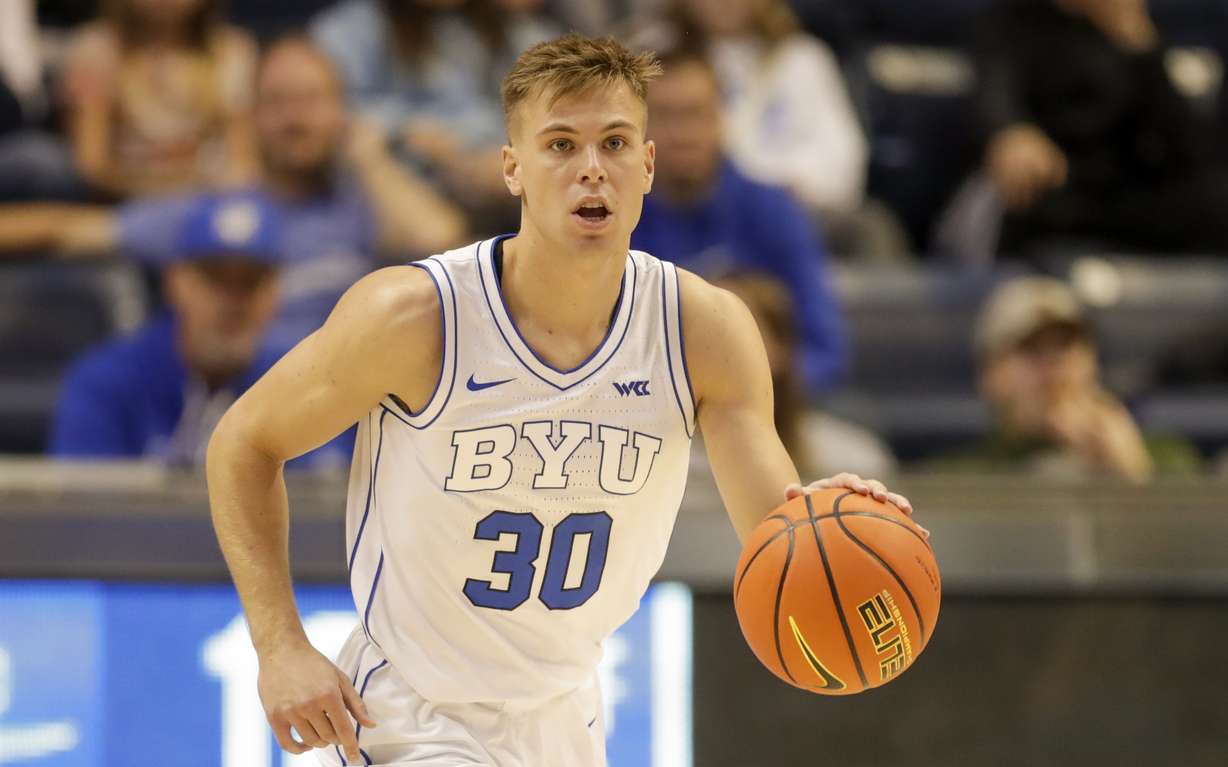 BYU’s Dallin Hall (30) dribbles the ball while playing the Nicholls State Colonels at the Marriott Center in Provo on Saturday, Nov. 19, 2022. BYU won 87-73.