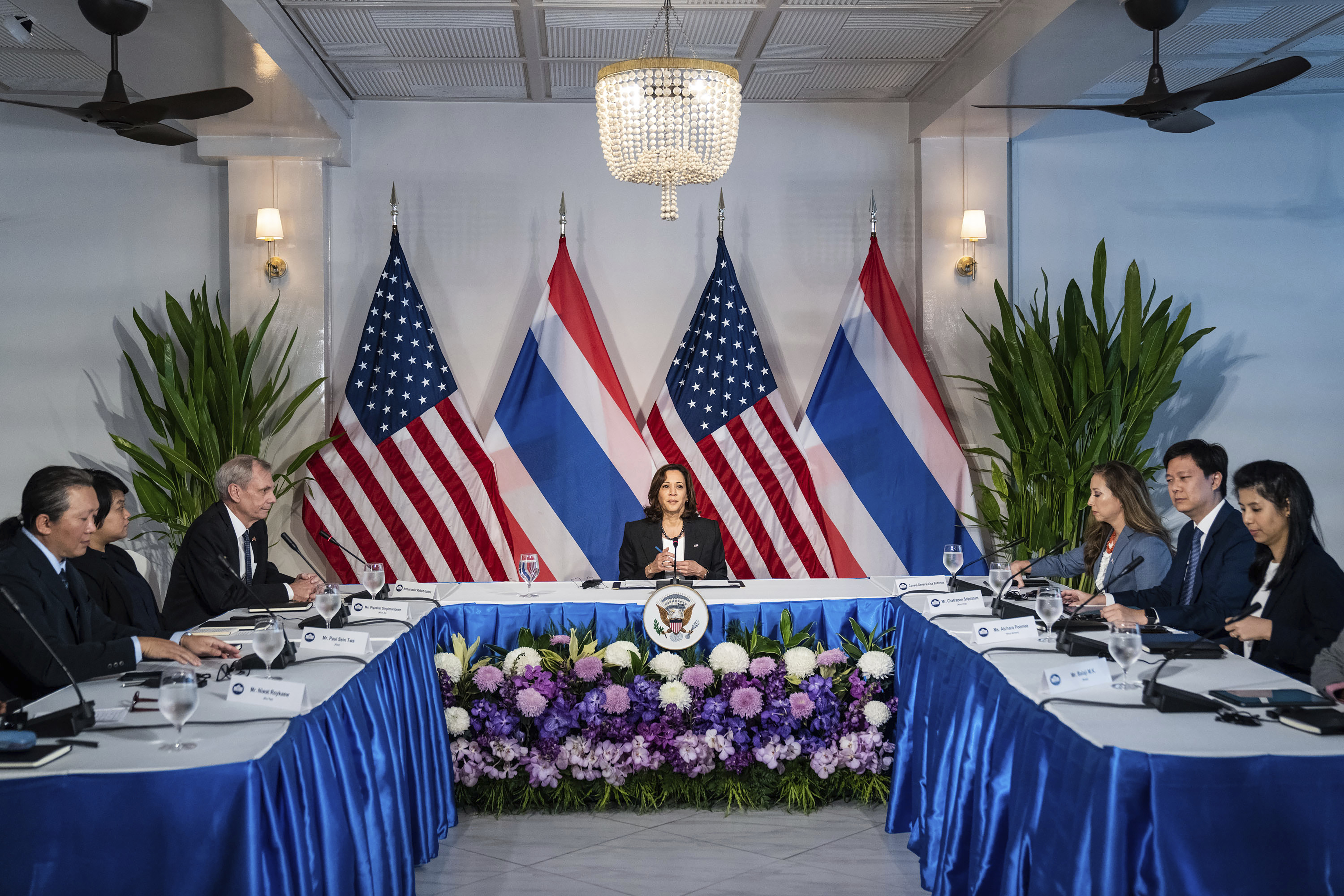 U.S. Vice President Kamala Harris holds a roundtable with environmental and clean energy leaders at Chief of Mission Residence in Bangkok, Thailand, on Sunday.