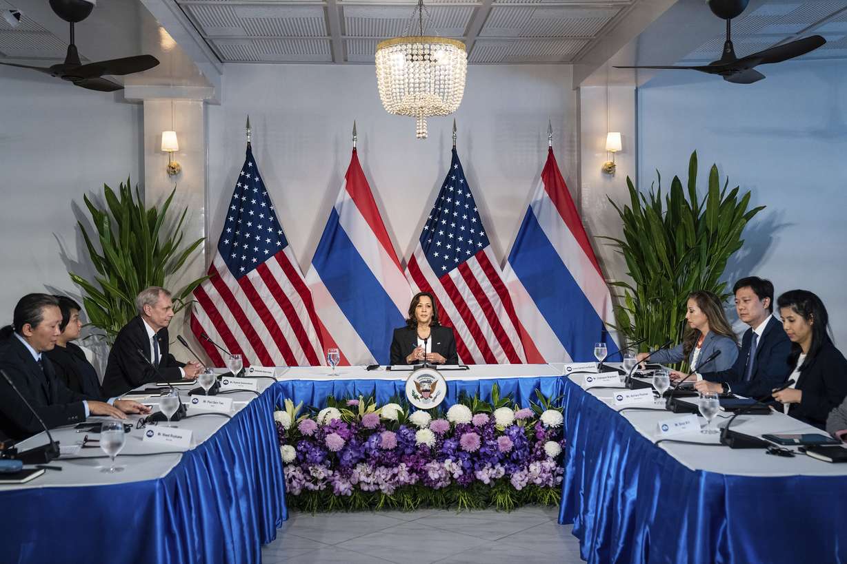 U.S. Vice President Kamala Harris holds a roundtable with environmental and clean energy leaders at Chief of Mission Residence in Bangkok, Thailand, on Sunday.