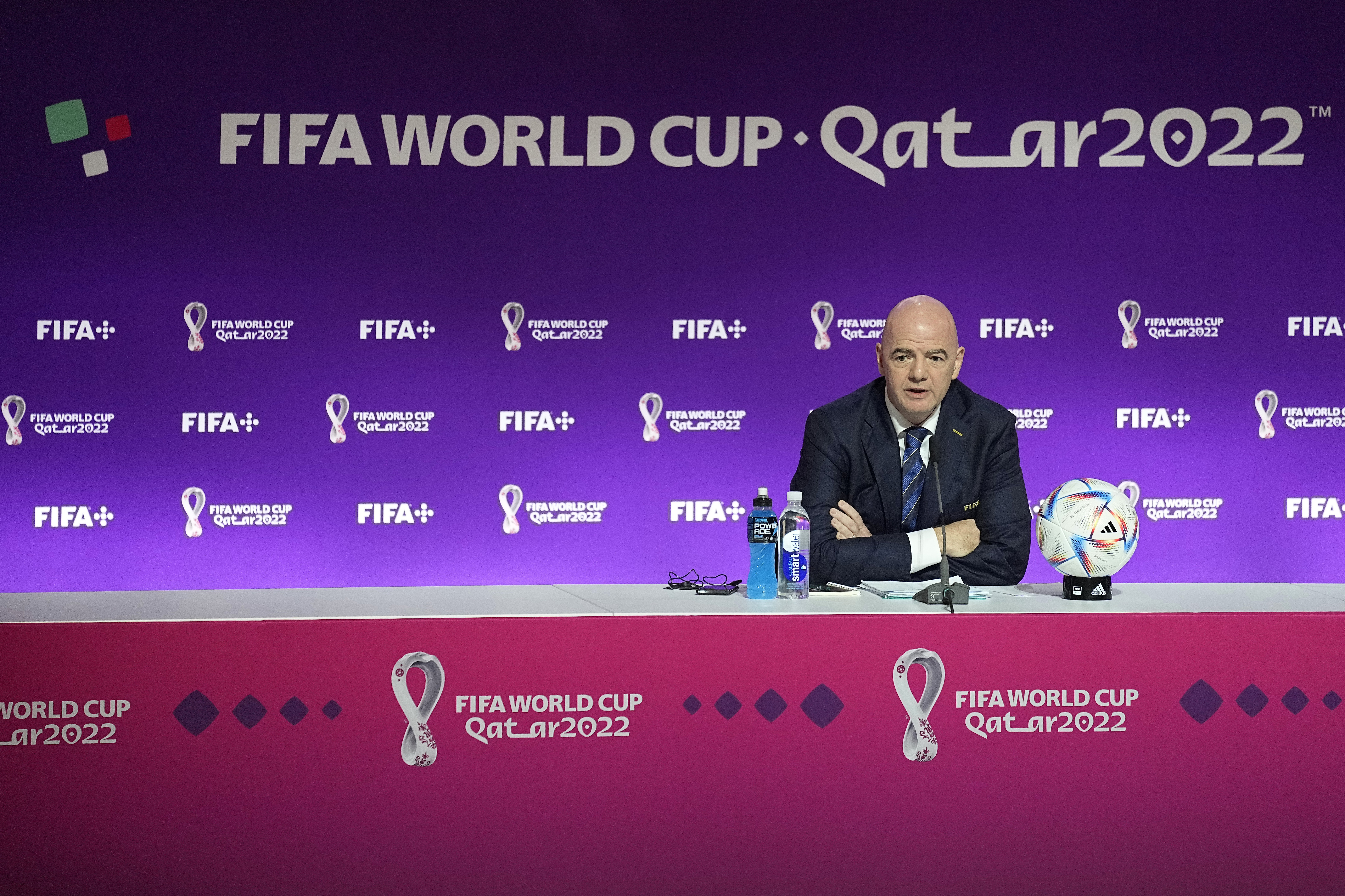 FIFA President Gianni Infantino speaks at a press conference Saturday, Nov. 19, 2022 in Doha, Qatar. 