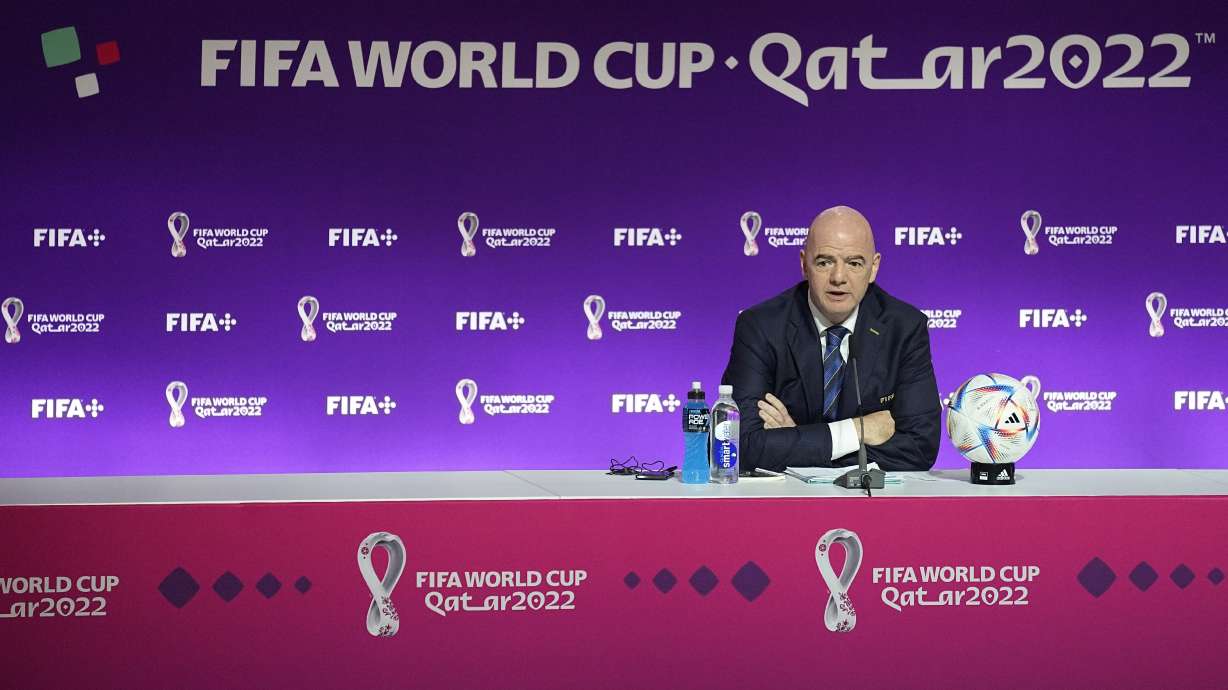 FIFA President Gianni Infantino speaks at a press conference Saturday, Nov. 19, 2022 in Doha, Qatar.