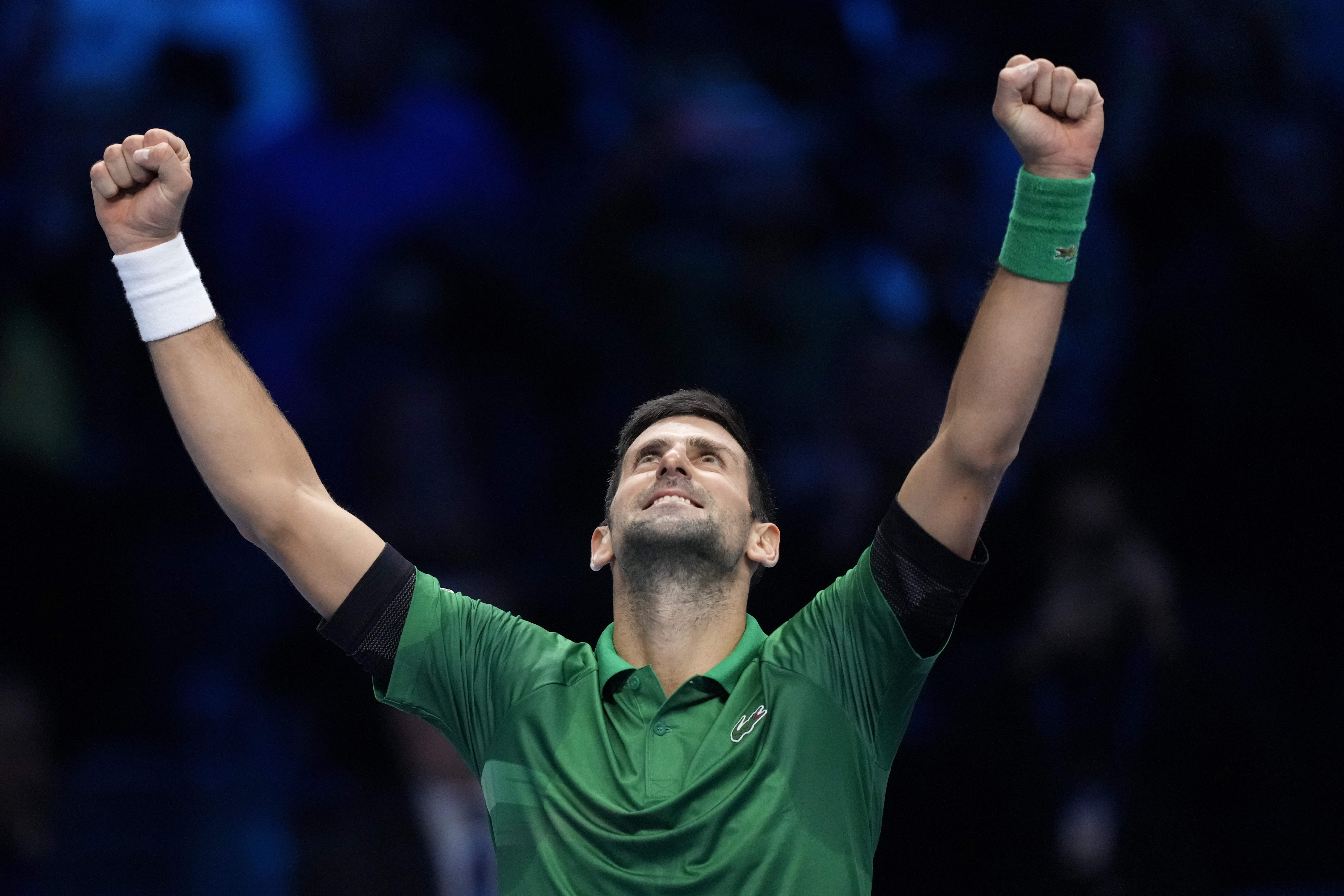 Serbia's Novak Djokovic celebrates after defeating Norway's Casper Ruud 7-5, 6-3, in their singles final tennis match of the ATP World Tour Finals at the Pala Alpitour, in Turin, Italy, Sunday, Nov. 20, 2022. 
