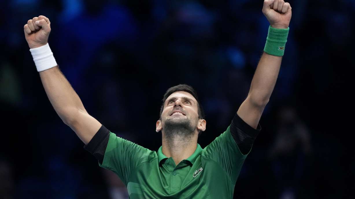 Serbia's Novak Djokovic celebrates after defeating Norway's Casper Ruud 7-5, 6-3, in their singles final tennis match of the ATP World Tour Finals at the Pala Alpitour, in Turin, Italy, Sunday, Nov. 20, 2022.