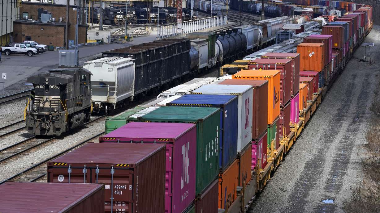 Freight train cars and containers at Norfolk Southern Railroad's Conway Yard in Conway, Pa., on April 2, 2021. Railroad engineers Monday accepted their deal with the railroads that will deliver 24% raises but conductors rejected the contract.