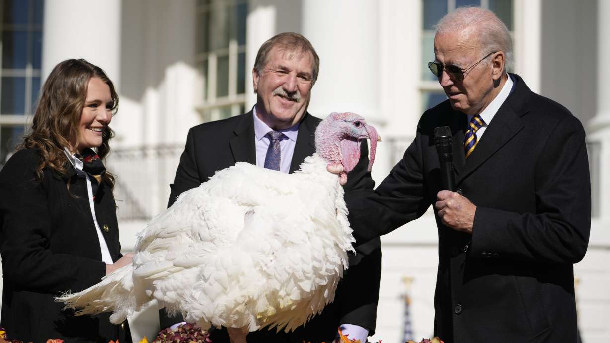 President Joe Biden pardons Chocolate, the national Thanksgiving turkey, at the White House in Washington, Monday.
