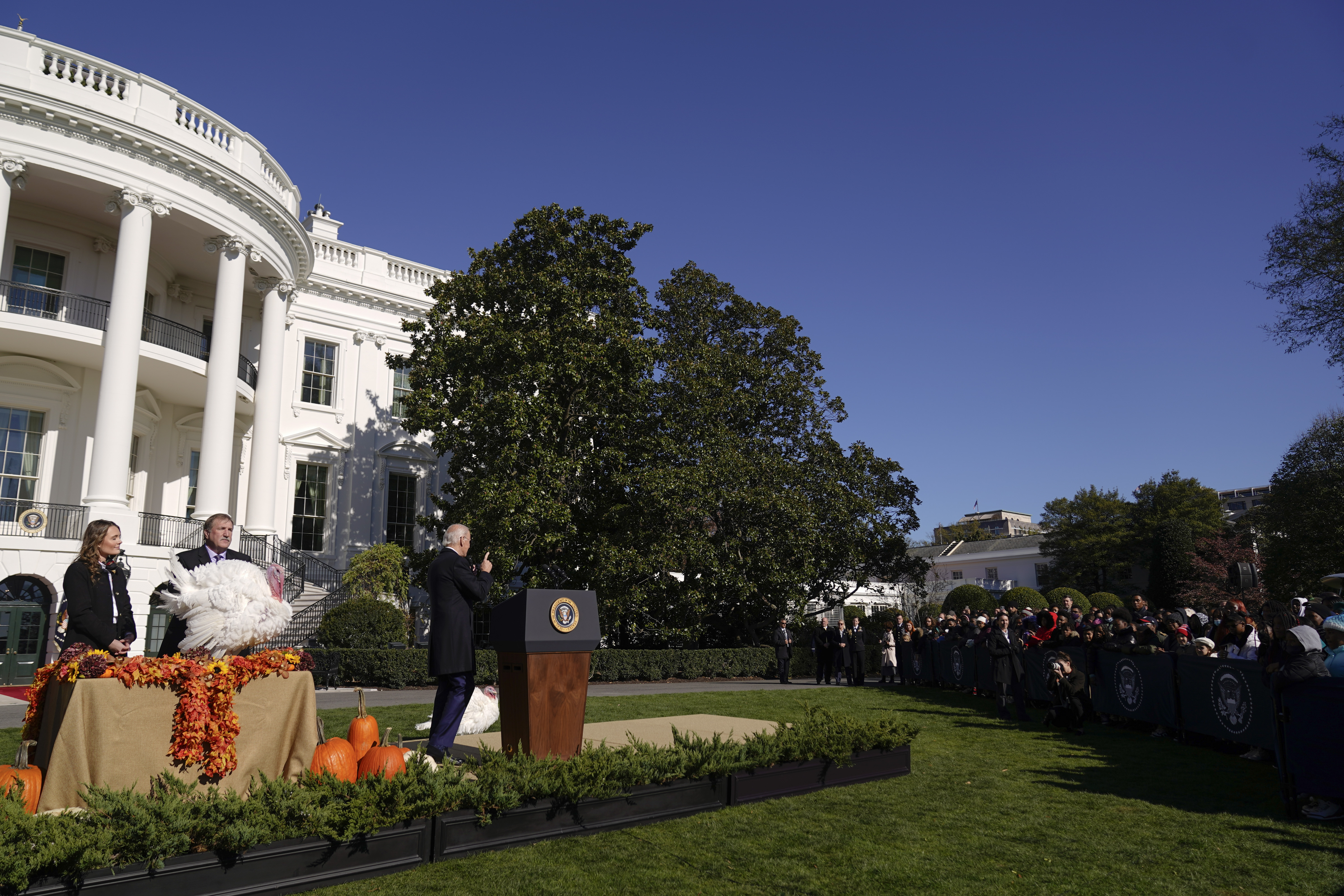 President Joe Biden speaks during a pardoning ceremony for the national Thanksgiving turkeys at the White House in Washington, Monday.