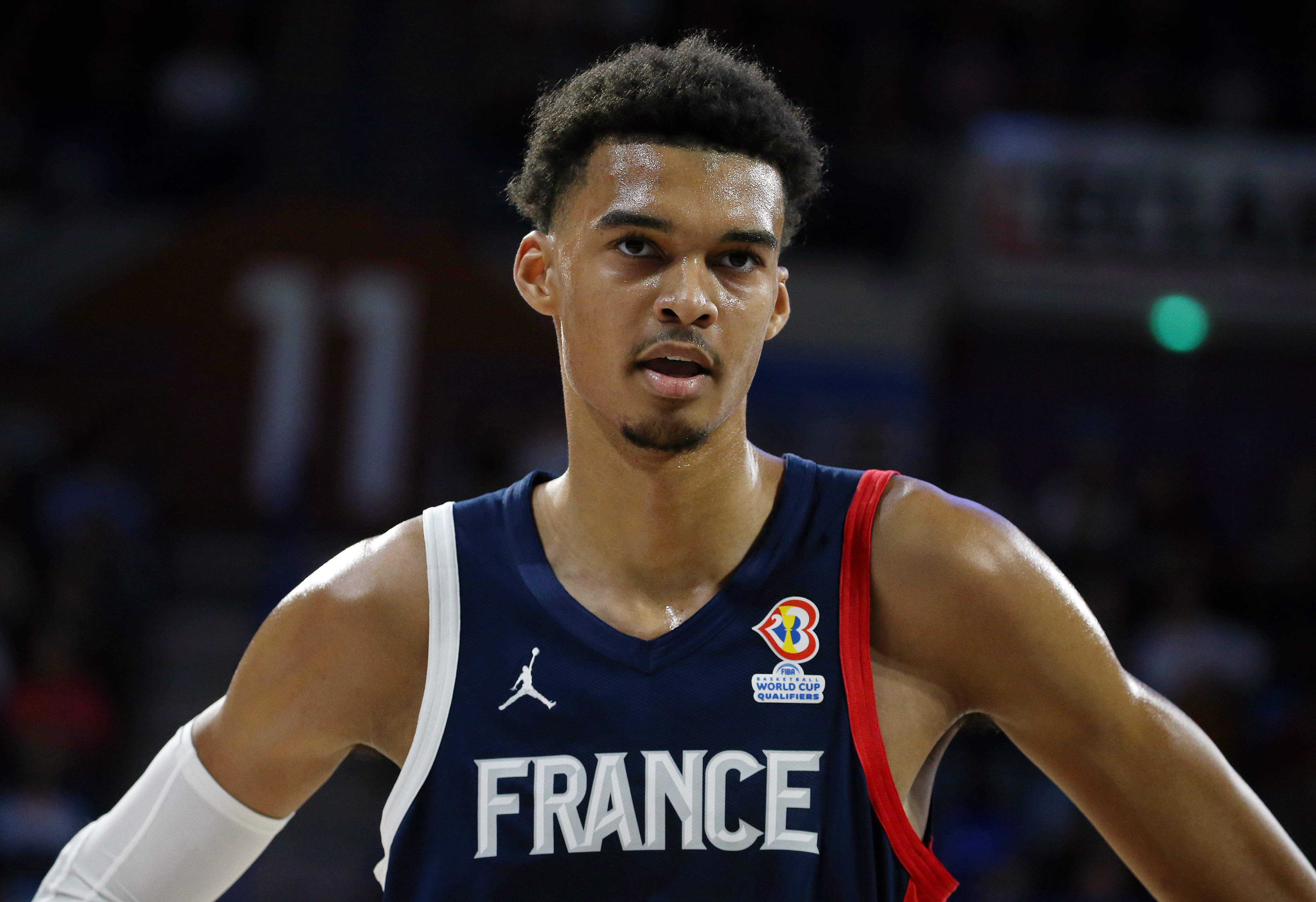 FILE - France's Victor Wembanyama reacts during the FIBA Basketball World Cup 2023 European Qualifiers match between France and Bosnia Herzegovina in Pau, southwestern France, Monday, Nov. 14, 2022. Wembanyama's season for Metropolitans 92 in the French league keeps getting better. He's scored at least 30 points in his last two games, and his team has now won seven consecutive contests. That's helped them pull into a first-place tie with Cholet with a 7-1 record. 