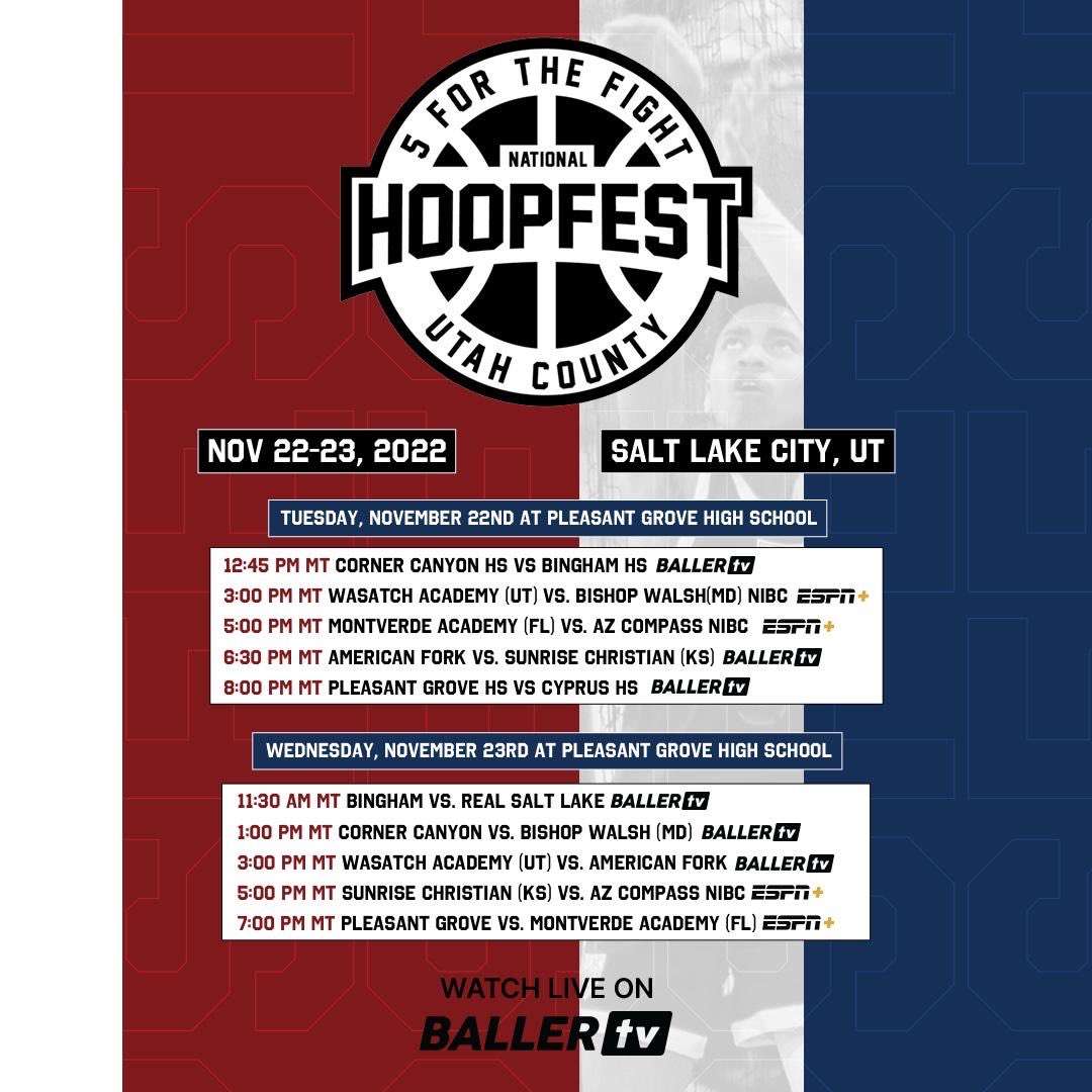 Wasatch Academy will host the 5 For The Fight National Hoopfest at Pleasant Grove High School, a two-day feast of state and national high school basketball powers, with select games available on ESPN+.