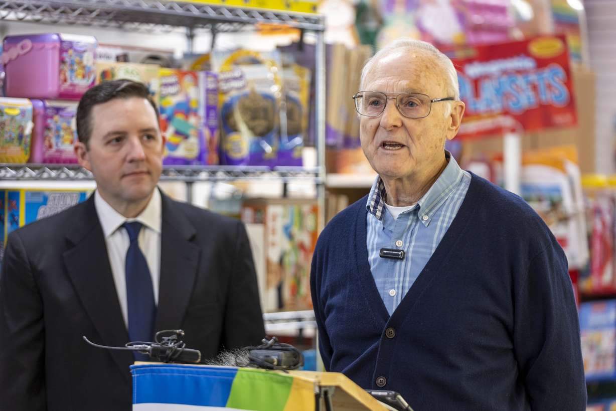 Bill Sartain, owner at the Tutoring Toy, speaks to the media at Tutoring Toy, in Salt Lake City, on Monday. The past two years haven't been overly cheery for local businesses struggling through the pandemic and its aftermath, but things appear to be looking up this year amid easing inflation and growing consumer sentiment.