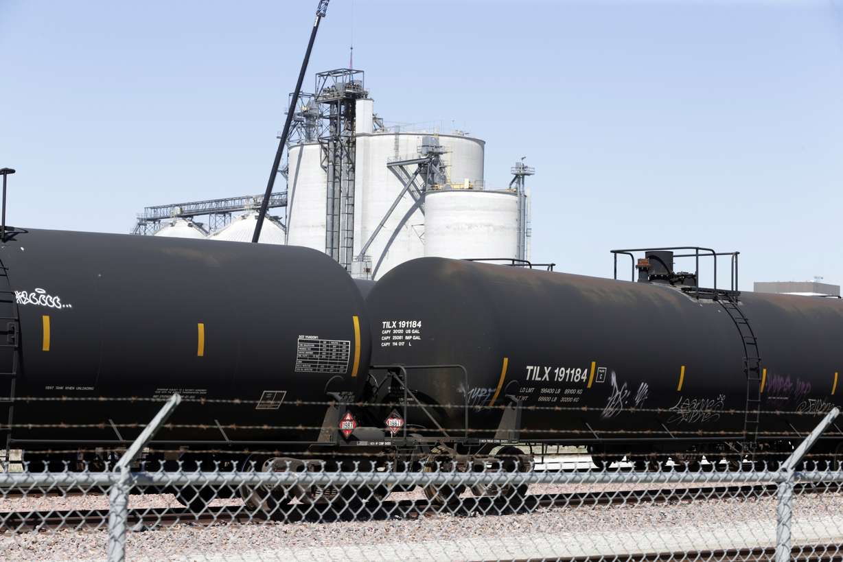 Ethanol train cars wait outside the Southwest Iowa Renewable Energy plant, an ethanol producer, in Council Bluffs, Iowa, on April 21, 2020.