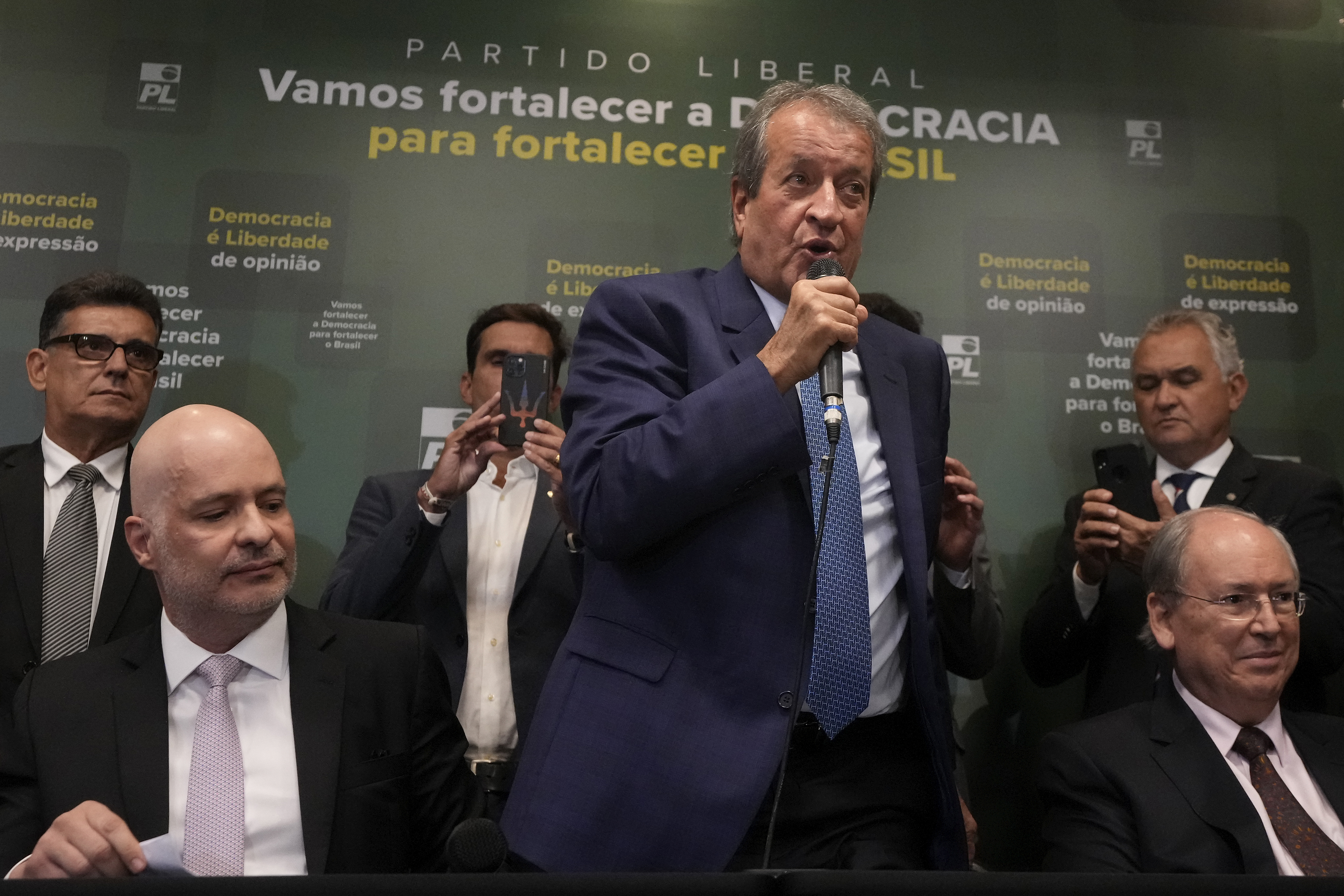 Valdemar Costa Neto, the leader of President Jair Bolsonaro's Liberal Party, speaks during a press conference regarding an investigation carried out by the party pointing out inconsistencies in voting machines used in the general elections, in Brasilia, Brazil, Tuesday. 