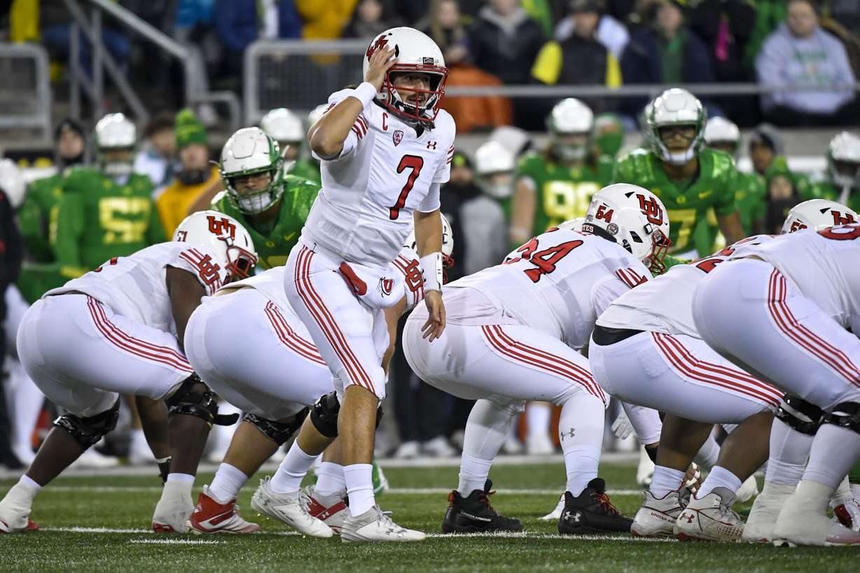 Utah quarterback Cameron Rising (7) calls out signals after seeing Oregon's defensive set during the first half of an NCAA college football game Saturday, Nov. 19, 2022, in Eugene, Ore.
