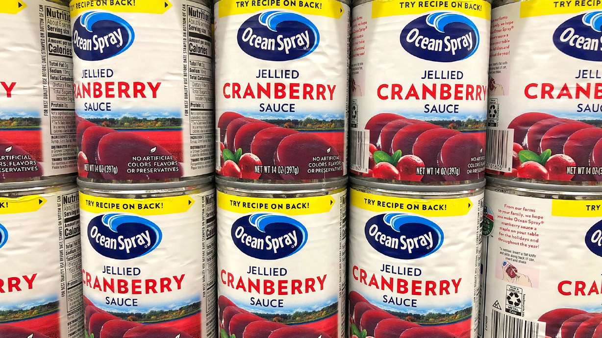 What's the deal with the upside-down labels on Ocean Spray cans? Pictured are cans of Ocean Spray brand Jellied Cranberry Sauce in Alameda, California in November 2020.