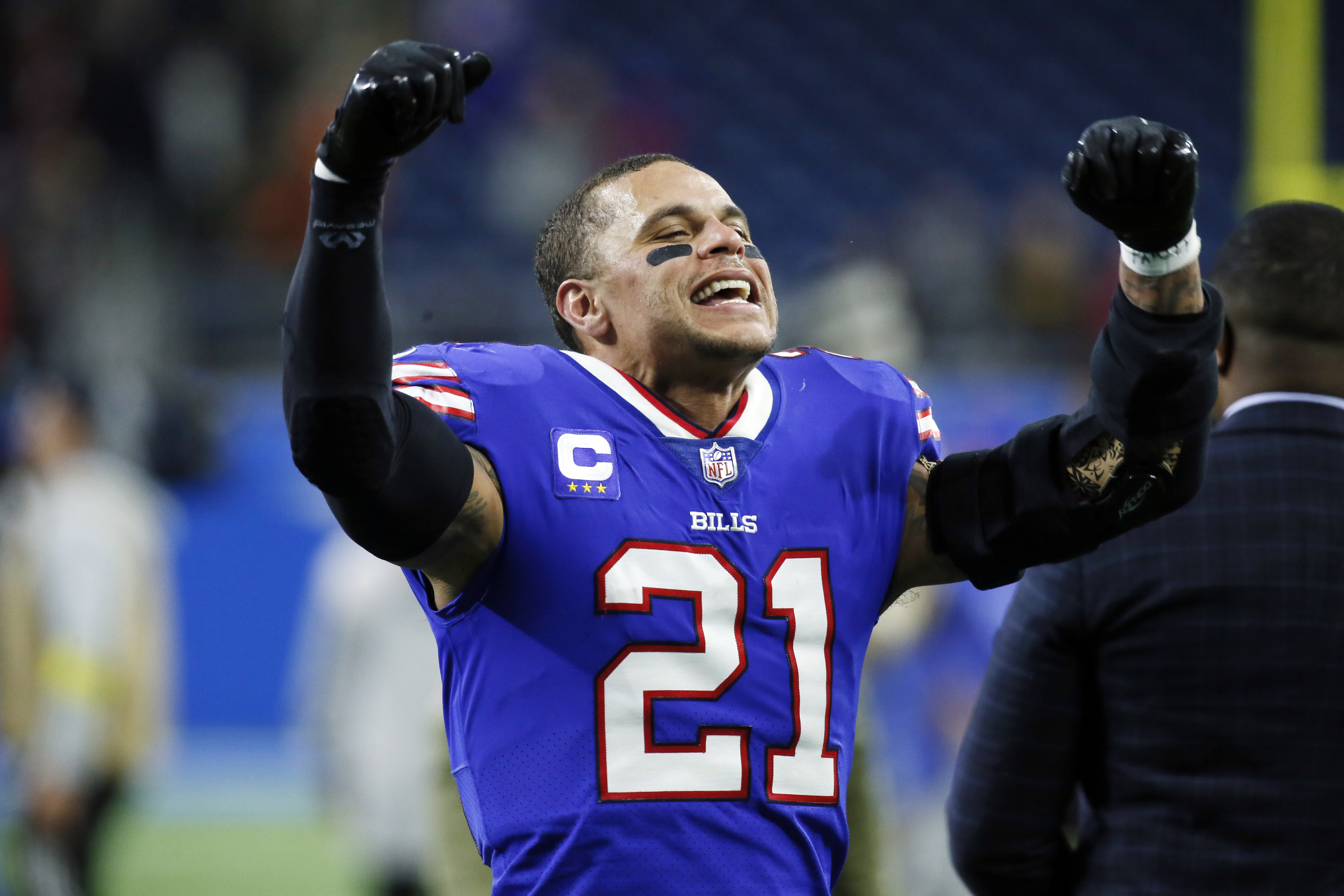 Buffalo Bills safety Jordan Poyer acknowledges the fans after an NFL football game against the Cleveland Browns, Sunday, Nov. 20, 2022, in Detroit. 