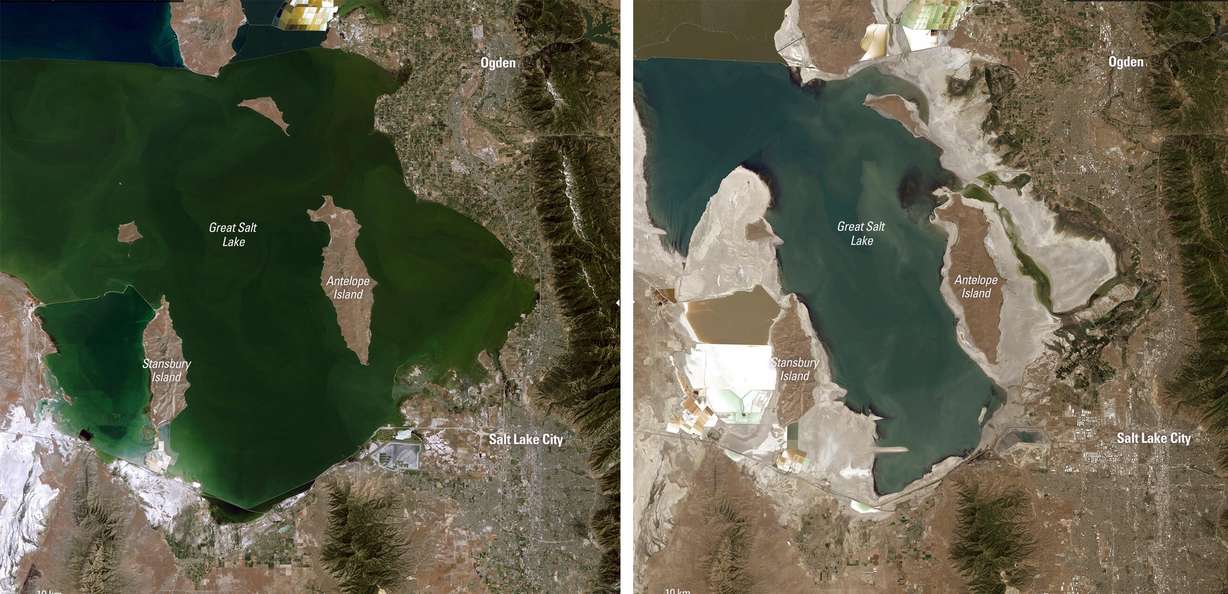 These satellite images show the decline of the Great Salt Lake over the past few decades. The image on the left is from July 1986, while the image on the right is from July 2022.