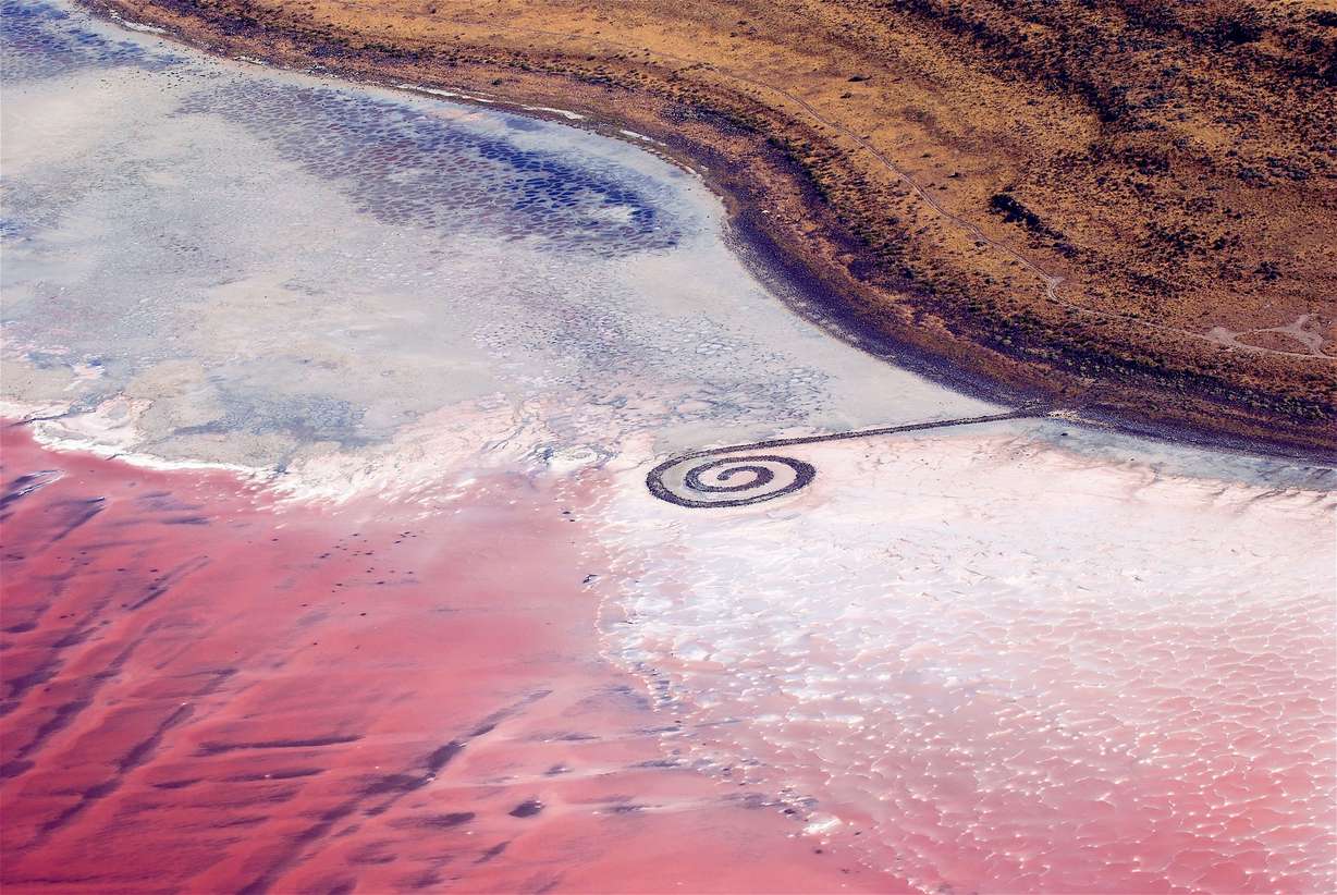 Aerial photo showing Robert Smithson’s “Spiral Jetty” on the northern banks of the Great Salt Lake, and the Rozel Point landscape to which it is attached, Aug. 26, 2009.