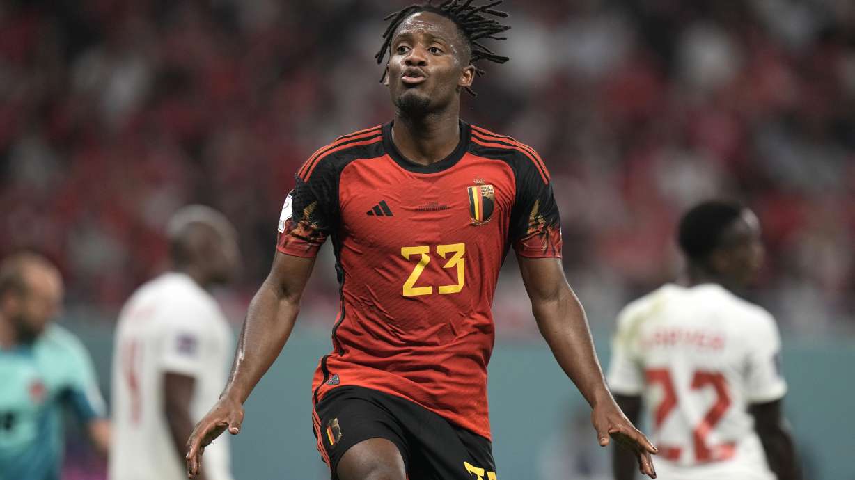 Belgium's Michy Batshuayi celebrates after scoring his side's opening goal during the World Cup group F soccer match between Belgium and Canada, at the Ahmad Bin Ali Stadium in Doha, Qatar, Wednesday, Nov. 23, 2022.
