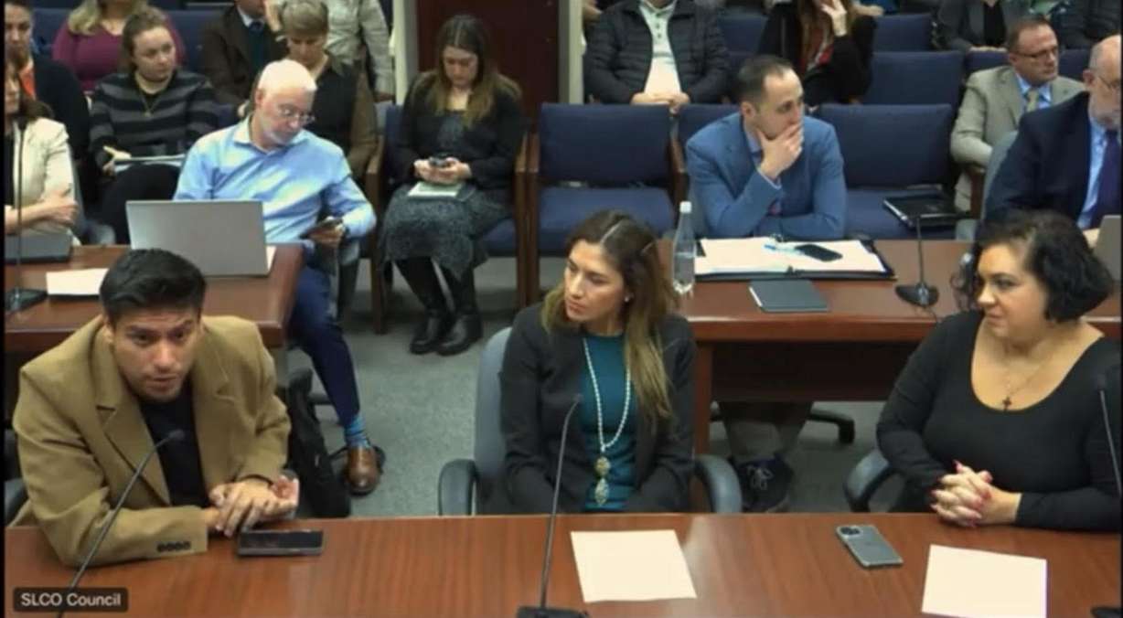 Salt Lake City Council members Alejandro Puy, Ana Valdemoros and Victoria Petro-Eschler speak in favor of establishing a temporary mental health receiving center at a Salt Lake County Council meeting on Tuesday.