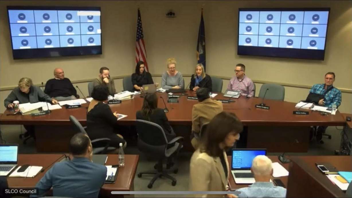 Salt Lake County Council member Aimee Winder Newton thanks City Council members for their work on a temporary mental health receiving center during a County Council meeting Tuesday.