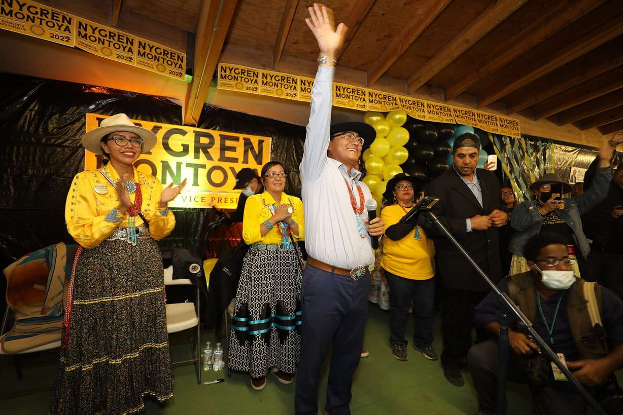 Navajo Nation President-elect Buu Nygren speaks to his supporters following his election win on Nov. 8 next to his wife, Arizona state Rep. Jasmine Blackwater Nygren.
