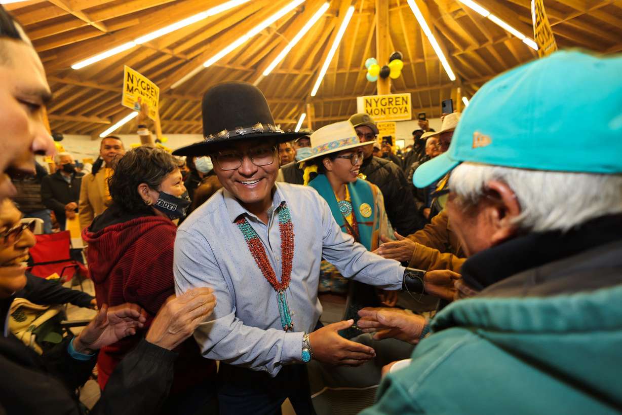 Navajo Nation President-elect Buu Nygren and his wife, Arizona state Rep. Jasmine Blackwater Nygren, greet supporters following his election victory on Nov. 8.