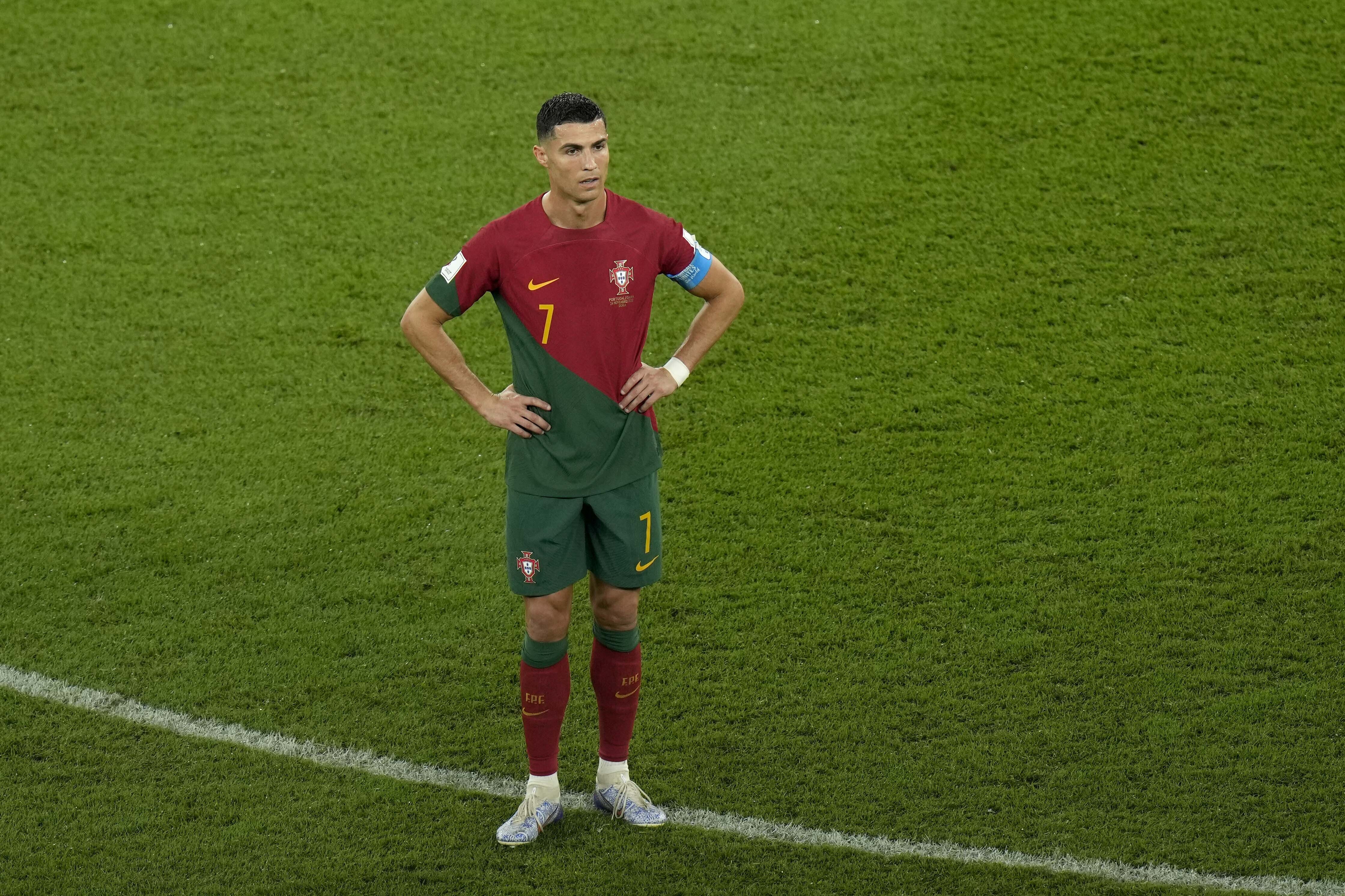 Portugal's Cristiano Ronaldo reacts during the World Cup group H soccer match between Portugal and Ghana, at the Stadium 974 in Doha, Qatar, Thursday, Nov. 24, 2022. 