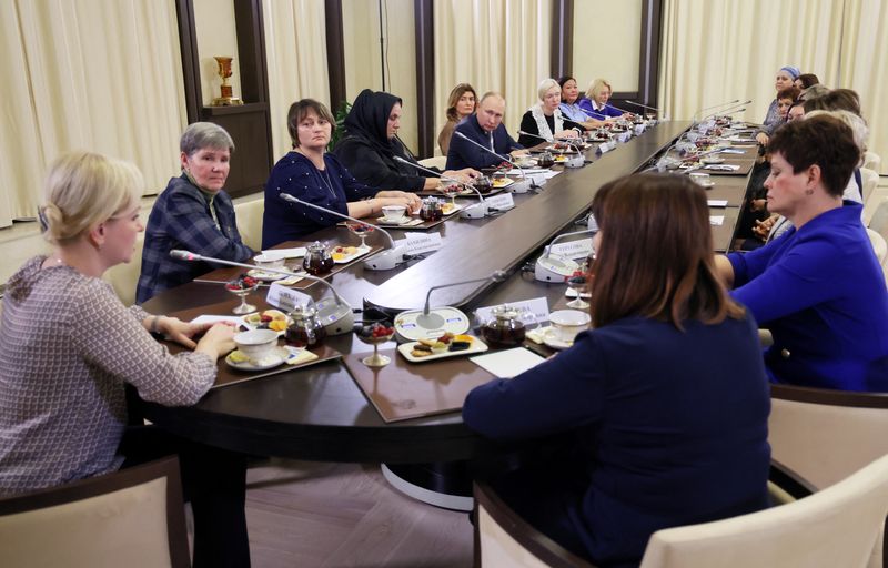 Russia's President Vladimir Putin attends a meeting with mothers of Russian servicemen participating in Russia-Ukraine conflict, ahead of Mother's Day at the Novo-Ogaryovo state residence outside Moscow, Russia November 25.