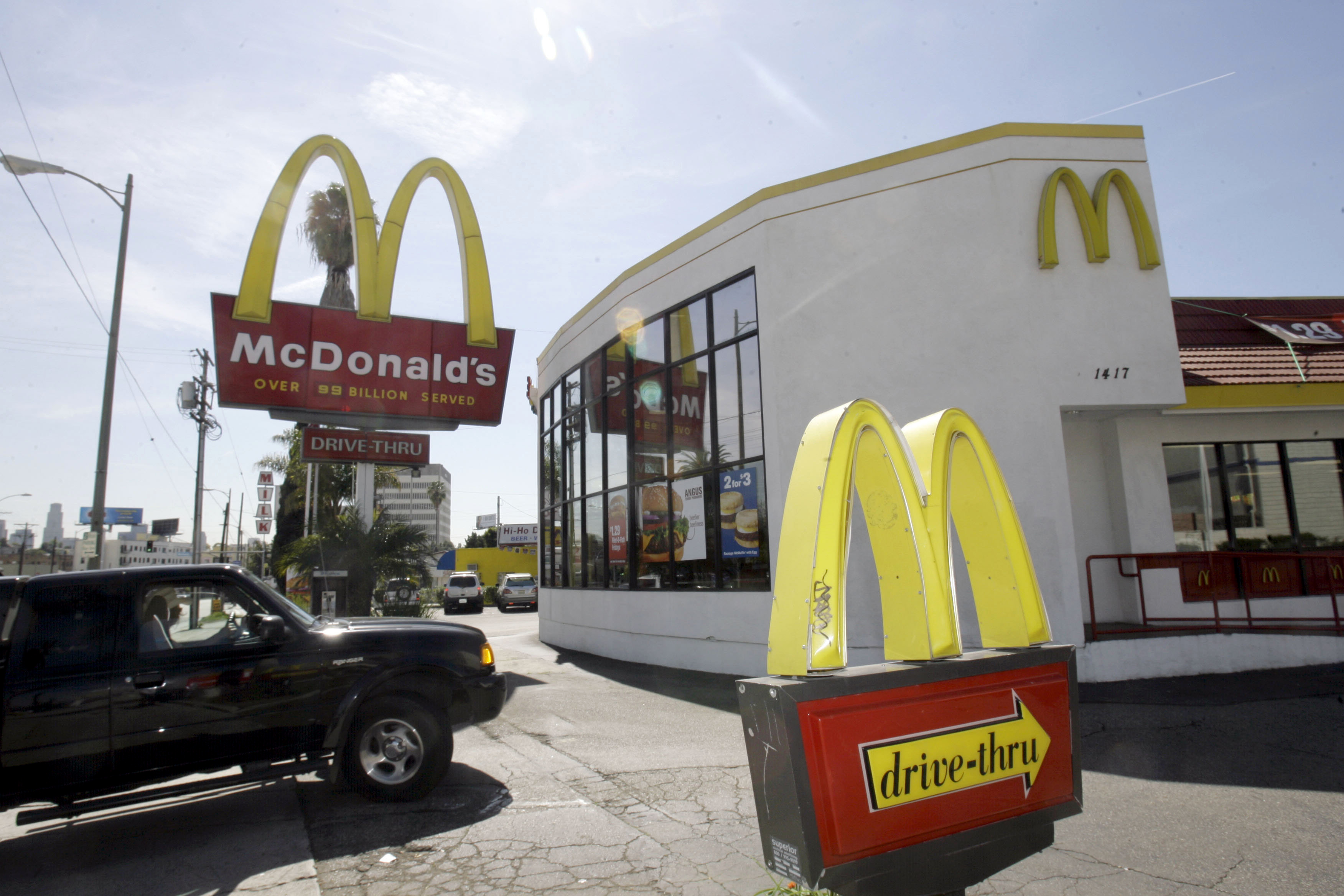 A vehicle turns into the driveway of a McDonald's restaurant in Los Angeles in this March 10, 2008, photo. A pregnant woman in Atlanta stopped at a McDonald's Wednesday to go to the bathroom and ended up delivering her baby in the restaurant.