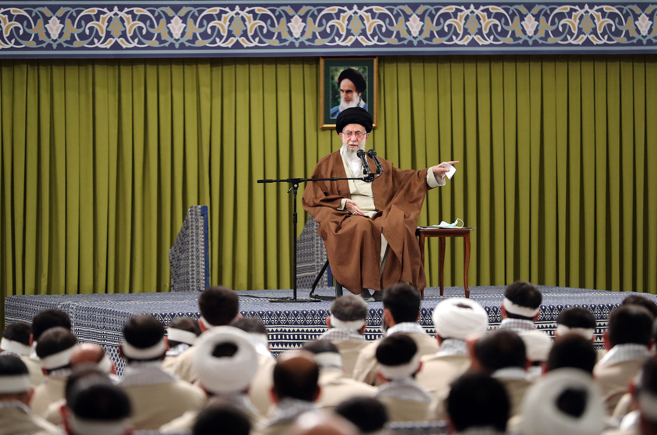 Supreme Leader Ayatollah Ali Khamenei speaks during a meeting with a group of Basij paramilitary force in Tehran, Iran, Saturday. Iran's supreme leader praised the paramilitary volunteers tasked with quashing dissent.