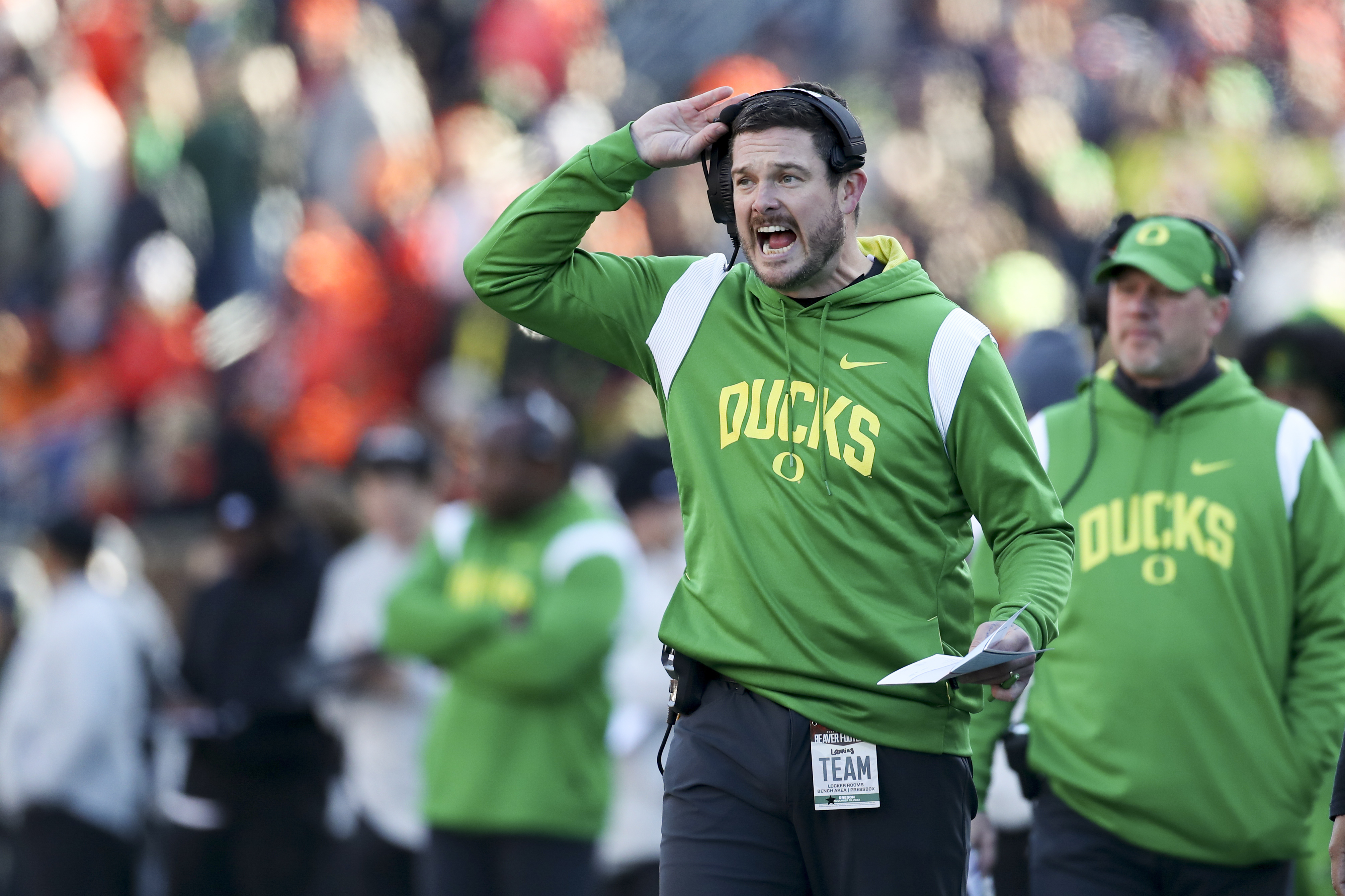 Oregon head coach Dan Lanning calls to players during the first half of an NCAA college football game against Oregon State on Saturday, Nov 26, 2022, in Corvallis, Ore.