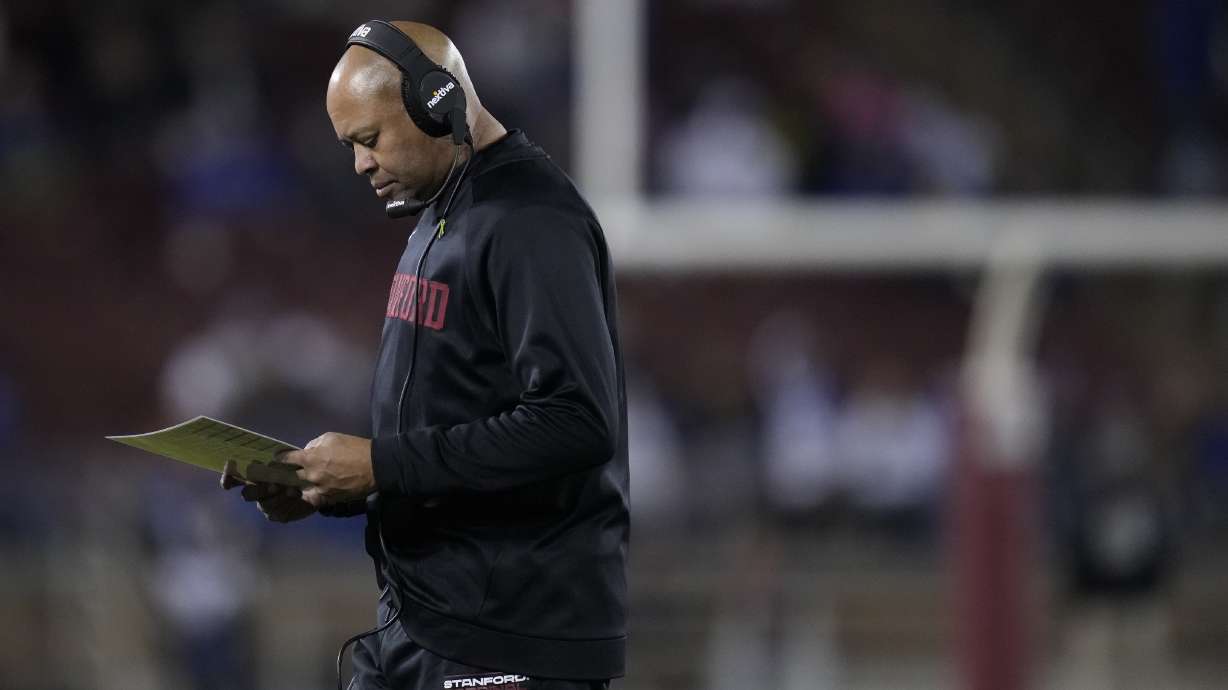 Stanford head coach David Shaw stands near the sideline during the second half of an NCAA college football game against BYU in Stanford, Calif., Saturday, Nov. 26, 2022.