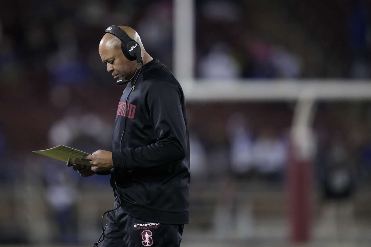 Stanford head coach David Shaw stands near the sideline during the second half of an NCAA college football game against BYU in Stanford, Calif., Saturday, Nov. 26, 2022.